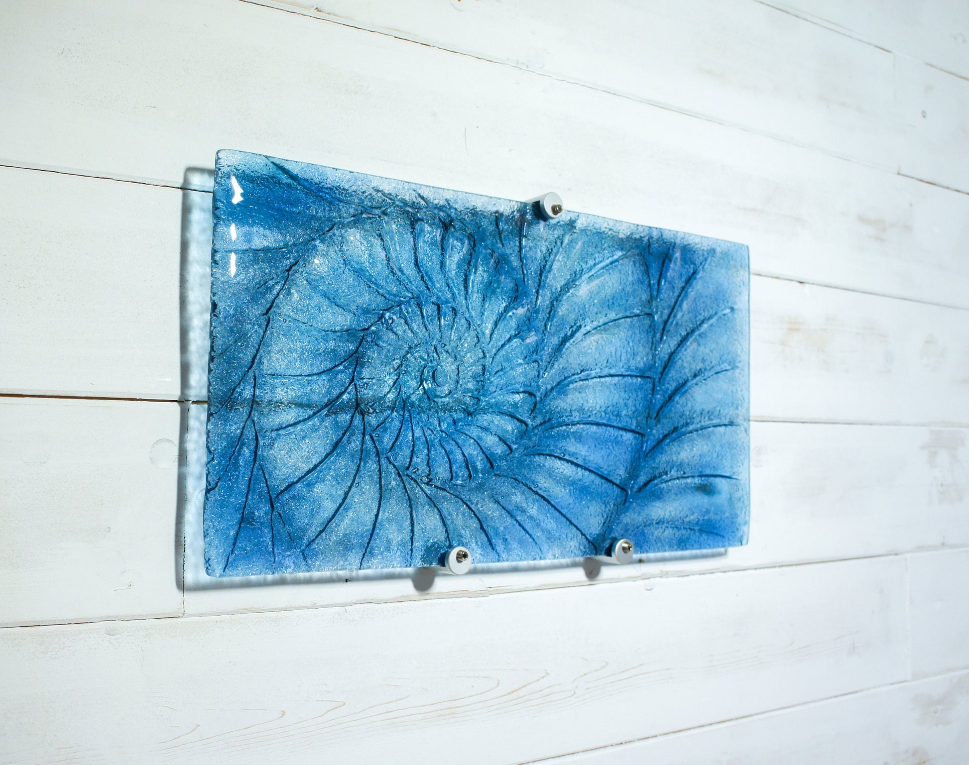 Ammonite Glass Art 42x22cm(16x9"), Dark Blue Landscape Ammonite Fused Glass Wall Art, Fossil Nautilus Seashell Picture Art, Shell Wall Art