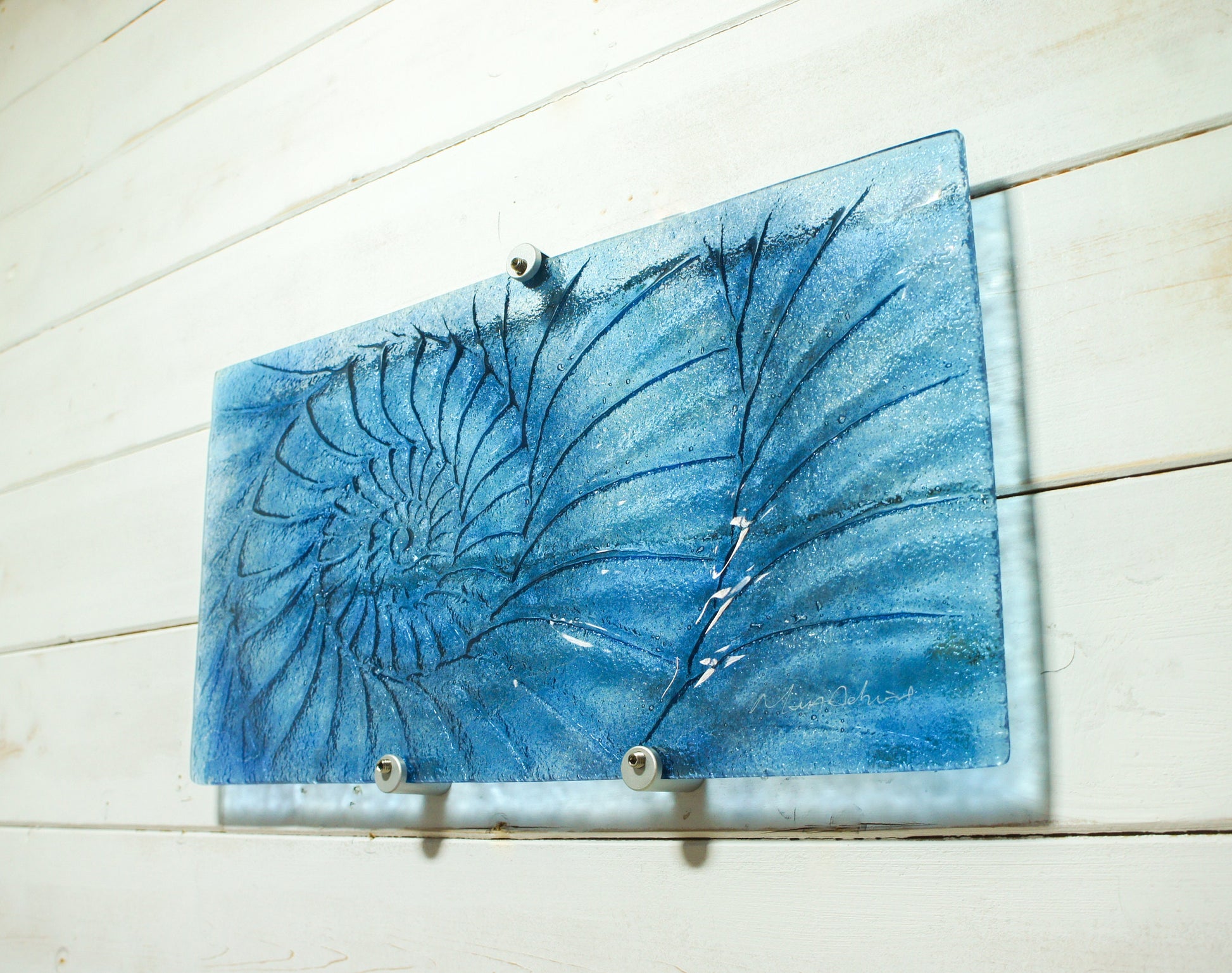 Ammonite Glass Art 42x22cm(16x9"), Dark Blue Landscape Ammonite Fused Glass Wall Art, Fossil Nautilus Seashell Picture Art, Shell Wall Art