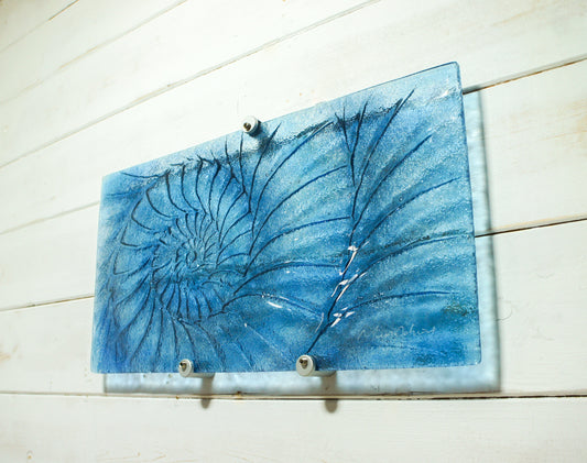 Ammonite Glass Art 42x22cm(16x9"), Dark Blue Landscape Ammonite Fused Glass Wall Art, Fossil Nautilus Seashell Picture Art, Shell Wall Art