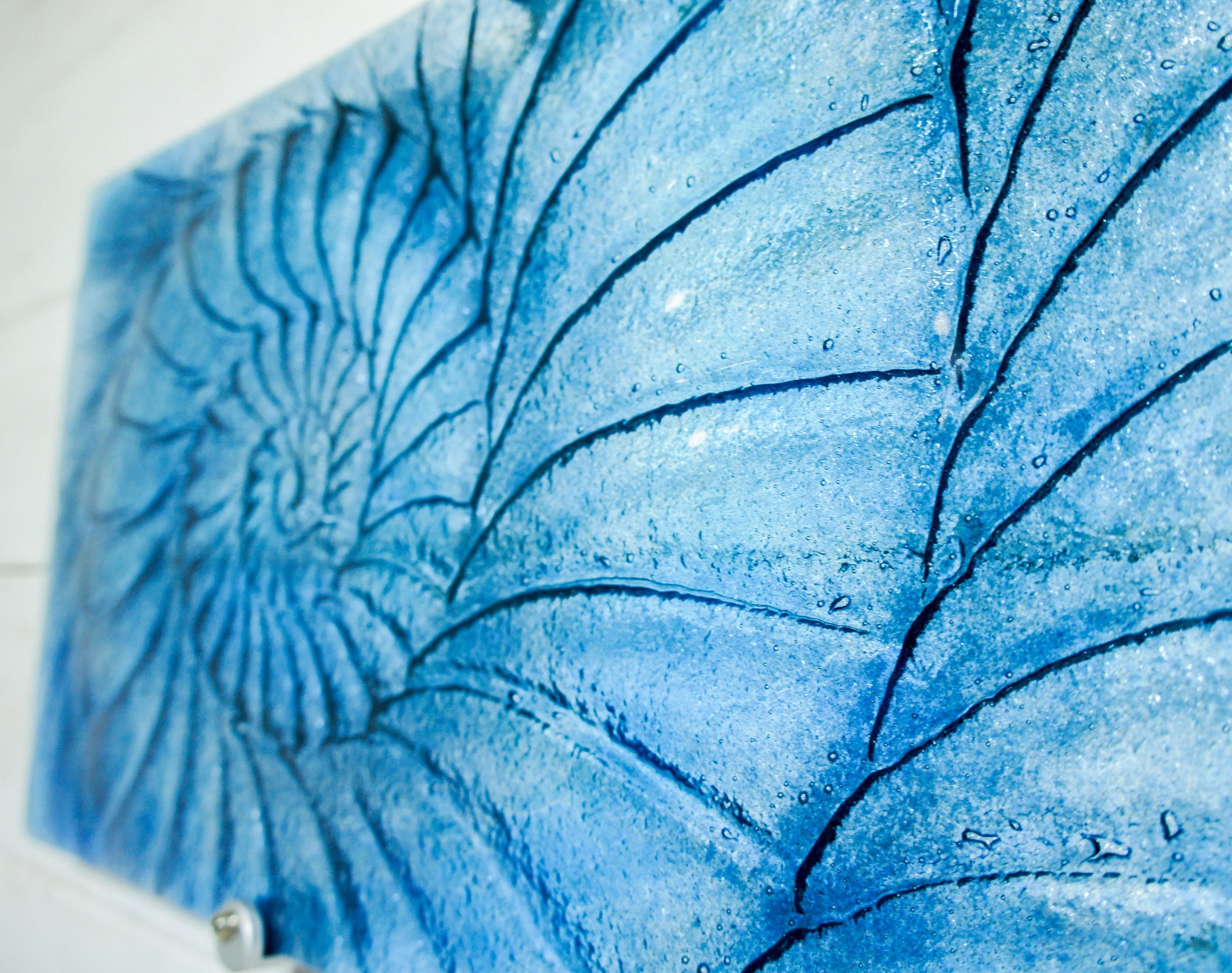 Ammonite Glass Art 42x22cm(16x9"), Dark Blue Landscape Ammonite Fused Glass Wall Art, Fossil Nautilus Seashell Picture Art, Shell Wall Art