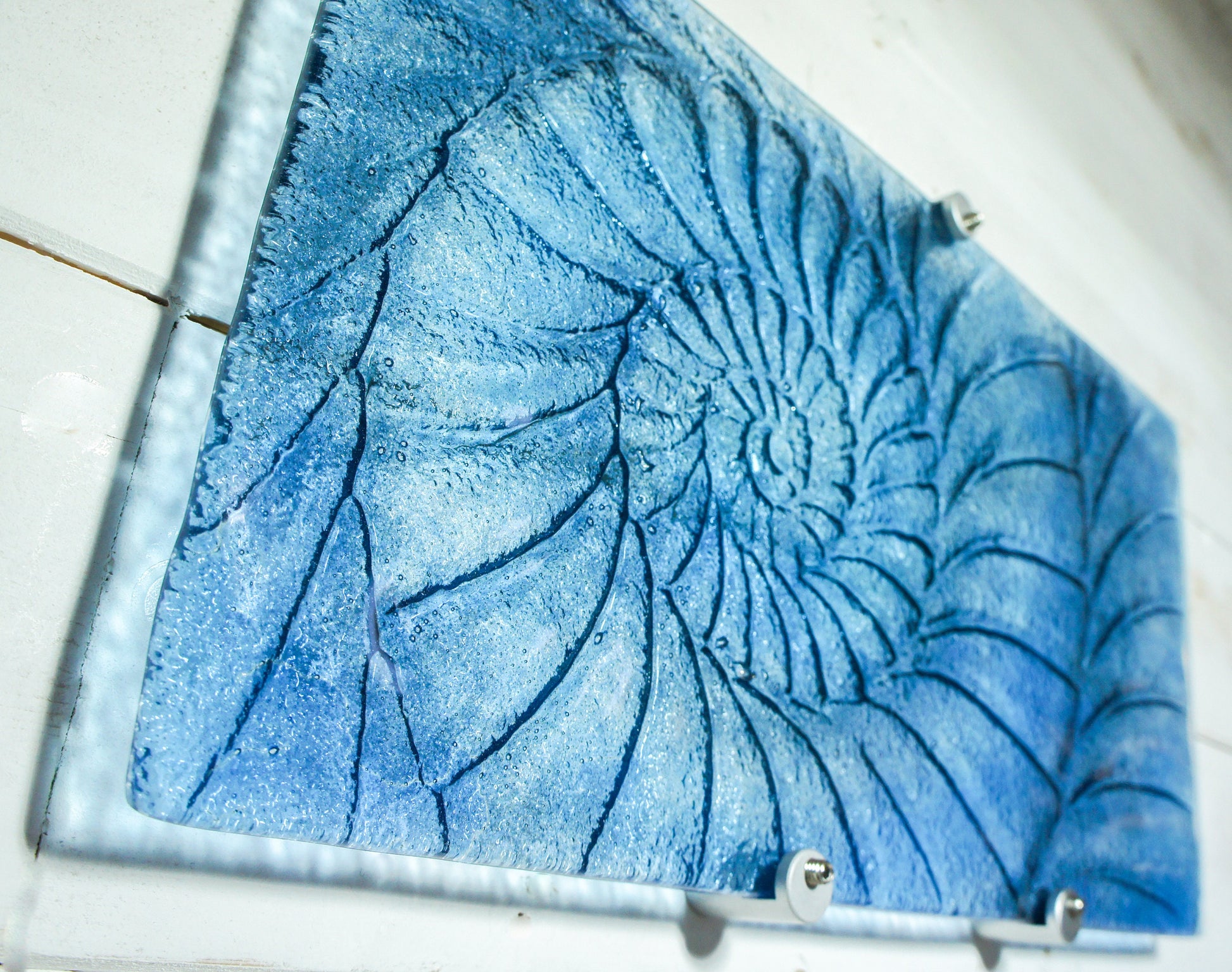 Ammonite Glass Art 42x22cm(16x9"), Dark Blue Landscape Ammonite Fused Glass Wall Art, Fossil Nautilus Seashell Picture Art, Shell Wall Art