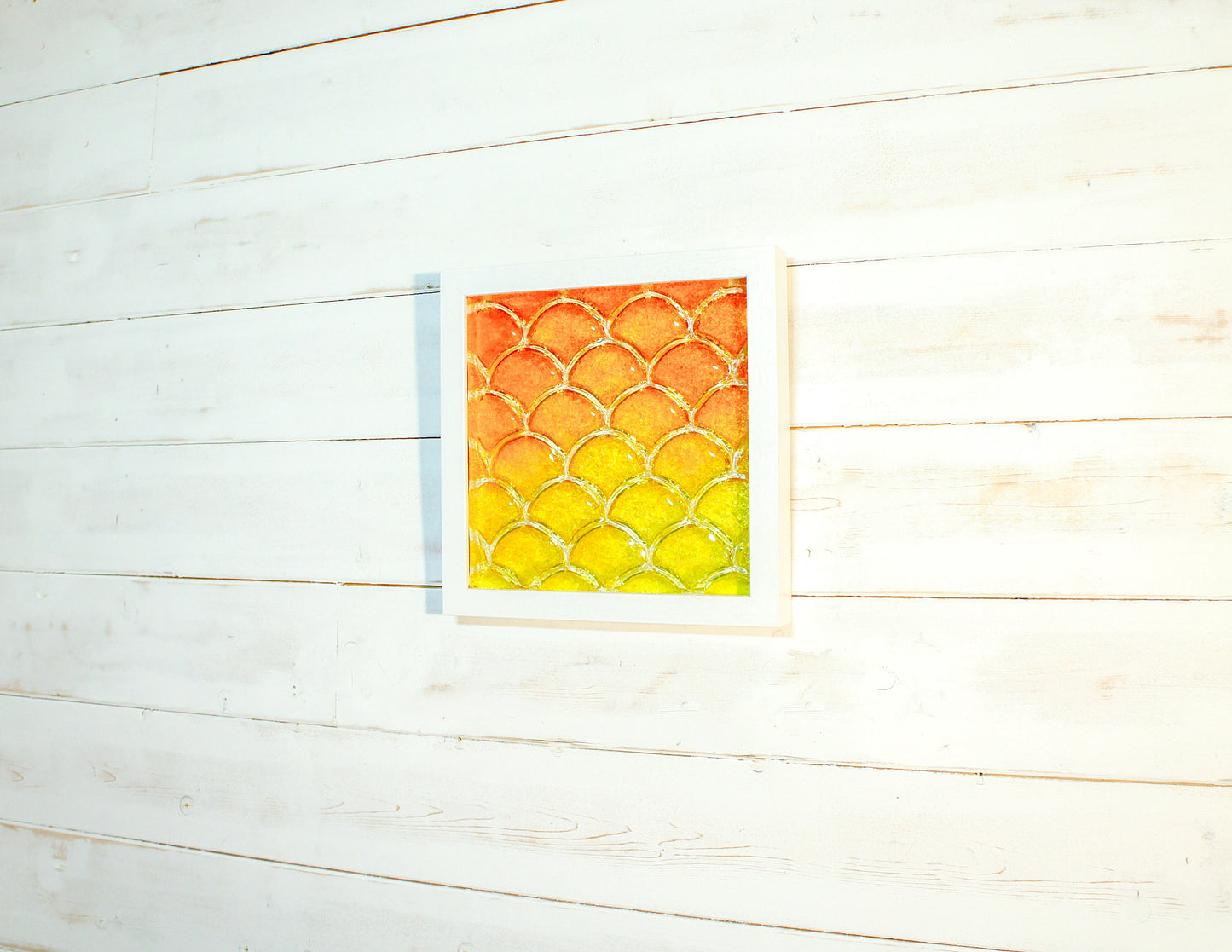 Fish Scale Glass Art Orange & Yellow 25x25cm (10"x10"), Orange Yellow Fish Scale Glass Framed Picture, Fish Scale Frame