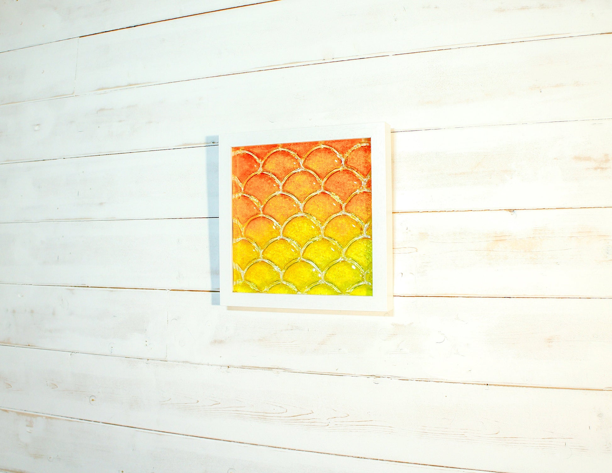 Fish Scale Glass Art Orange & Yellow 25x25cm (10"x10"), Orange Yellow Fish Scale Glass Framed Picture, Fish Scale Frame