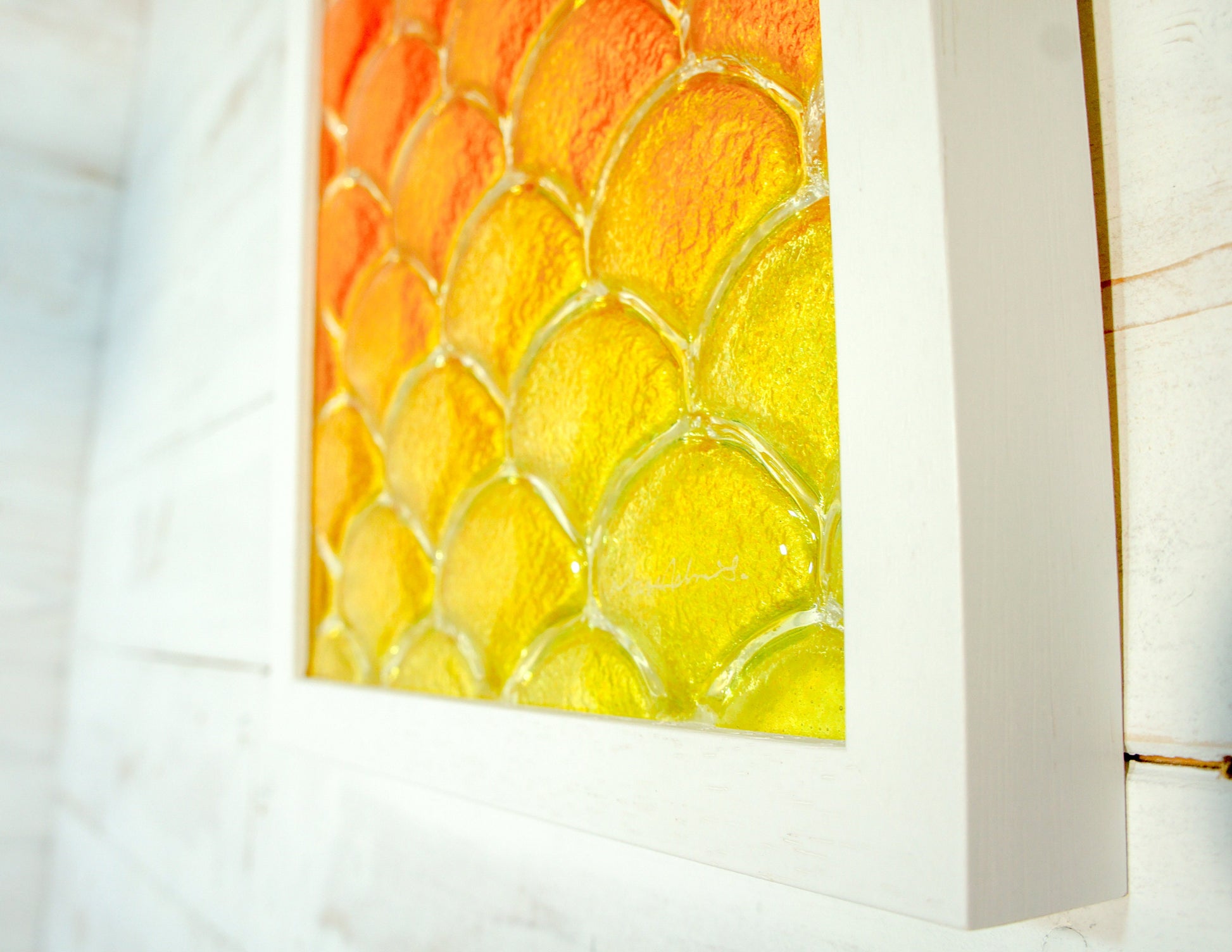 Fish Scale Glass Art Orange & Yellow 25x25cm (10"x10"), Orange Yellow Fish Scale Glass Framed Picture, Fish Scale Frame