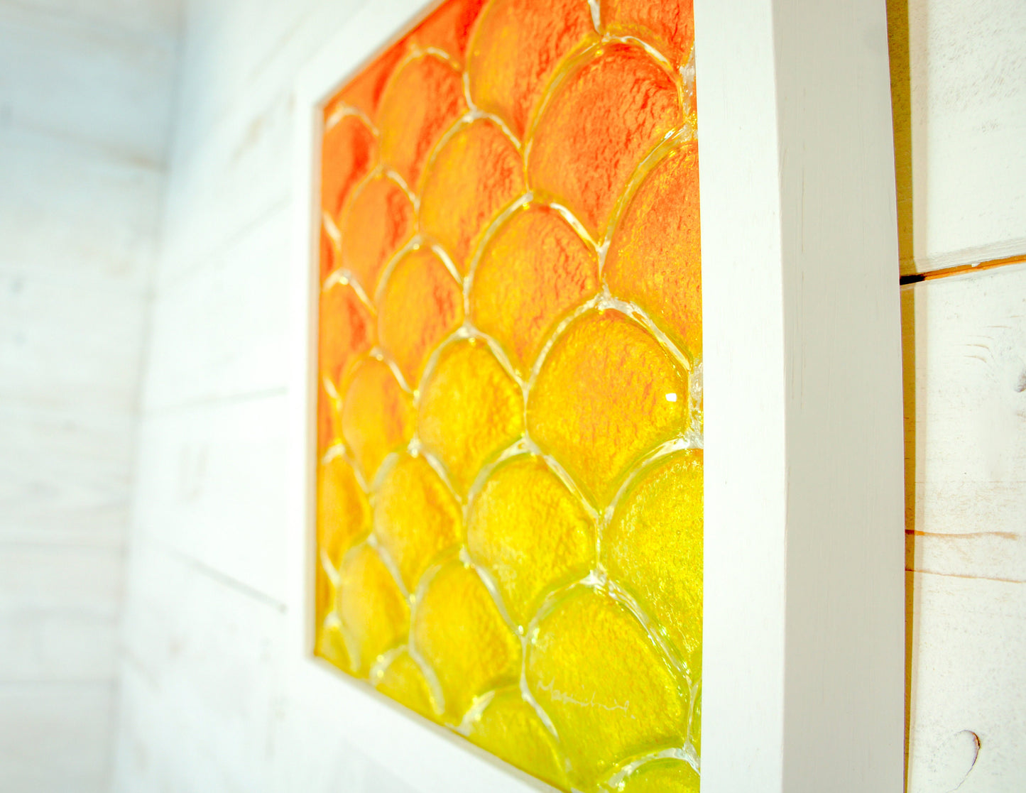 Fish Scale Glass Art Orange & Yellow 25x25cm (10"x10"), Orange Yellow Fish Scale Glass Framed Picture, Fish Scale Frame