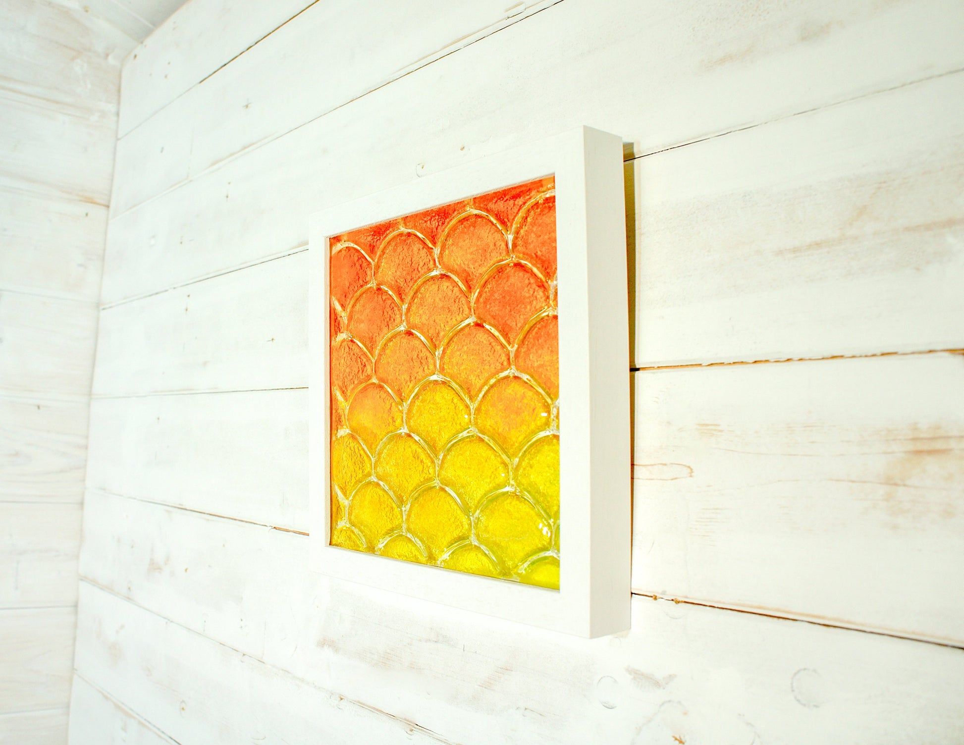 Fish Scale Glass Art Orange & Yellow 25x25cm (10"x10"), Orange Yellow Fish Scale Glass Framed Picture, Fish Scale Frame