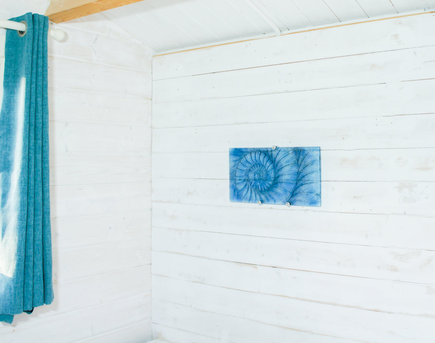 Ammonite Glass Art 42x22cm(16x9"), Dark Blue Landscape Ammonite Fused Glass Wall Art, Fossil Nautilus Seashell Picture Art, Shell Wall Art