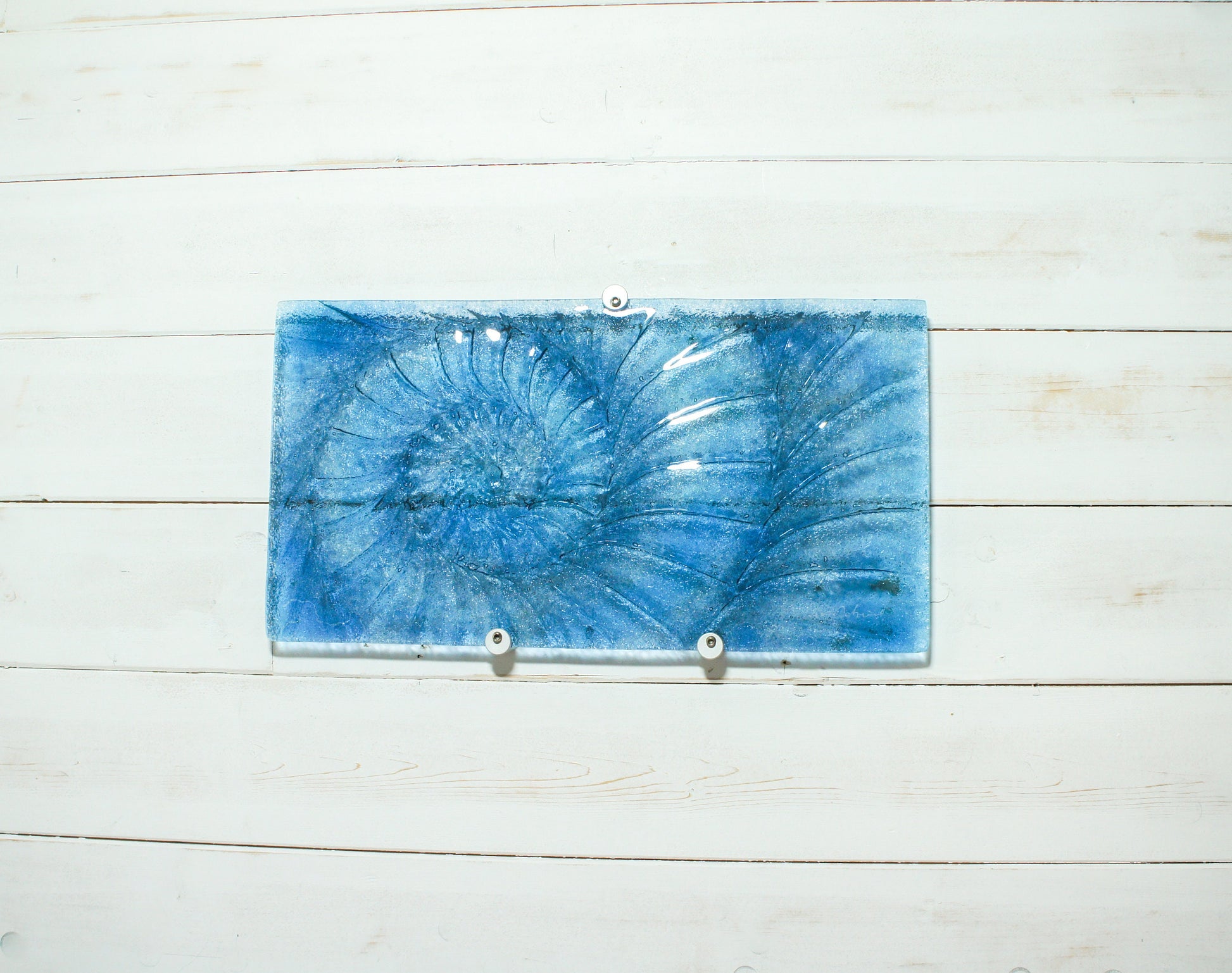 Ammonite Glass Art 42x22cm(16x9"), Dark Blue Landscape Ammonite Fused Glass Wall Art, Fossil Nautilus Seashell Picture Art, Shell Wall Art