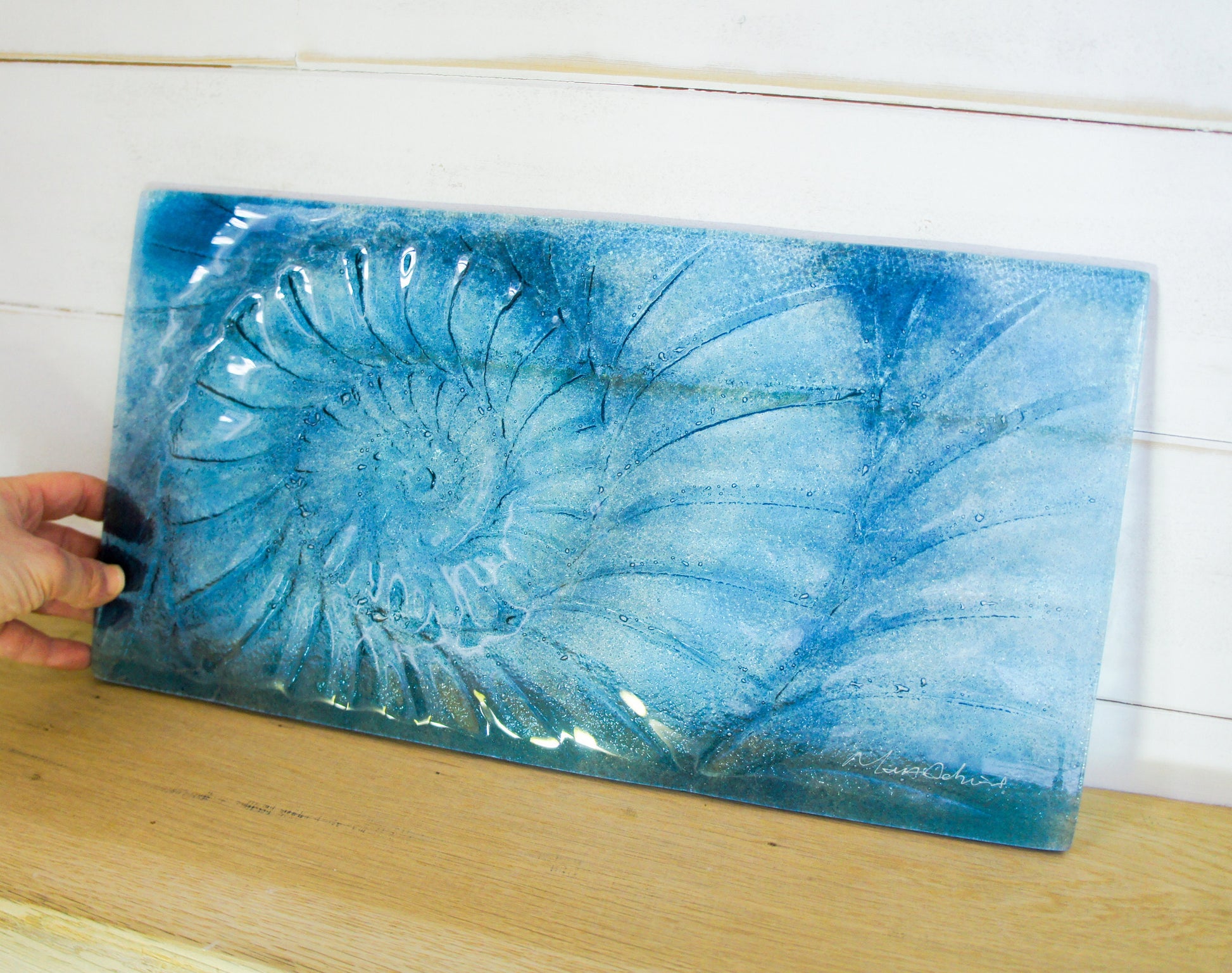 Ammonite Glass Art 42x22cm(16x9"), Dark Blue Landscape Ammonite Fused Glass Wall Art, Fossil Nautilus Seashell Picture Art, Shell Wall Art