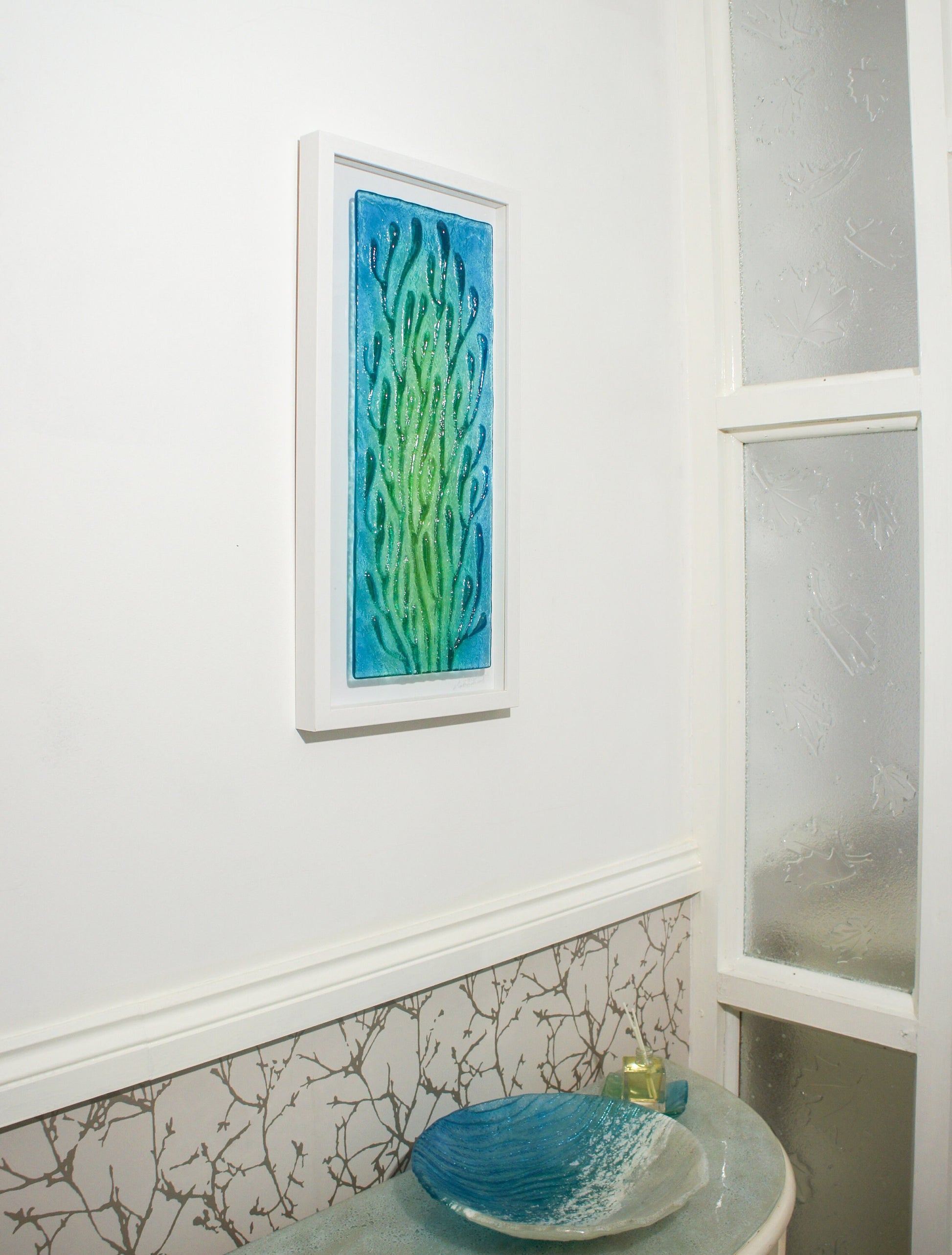 coral frame, portrait wall art, coral green glass art