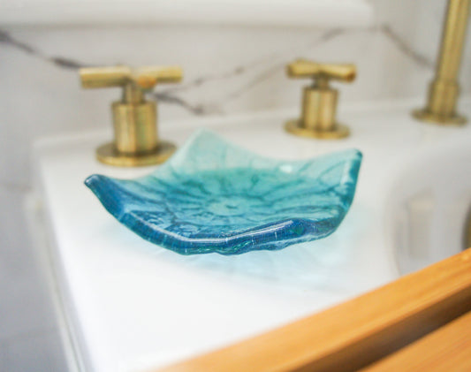Ammonite Turquoise Blue handmade Ring Dish 10cm, fused glass trinket, ammonite ring dish, fossil handmade dish, teal dish, seabed dish, ring holder, turquoise dish, coastal dish