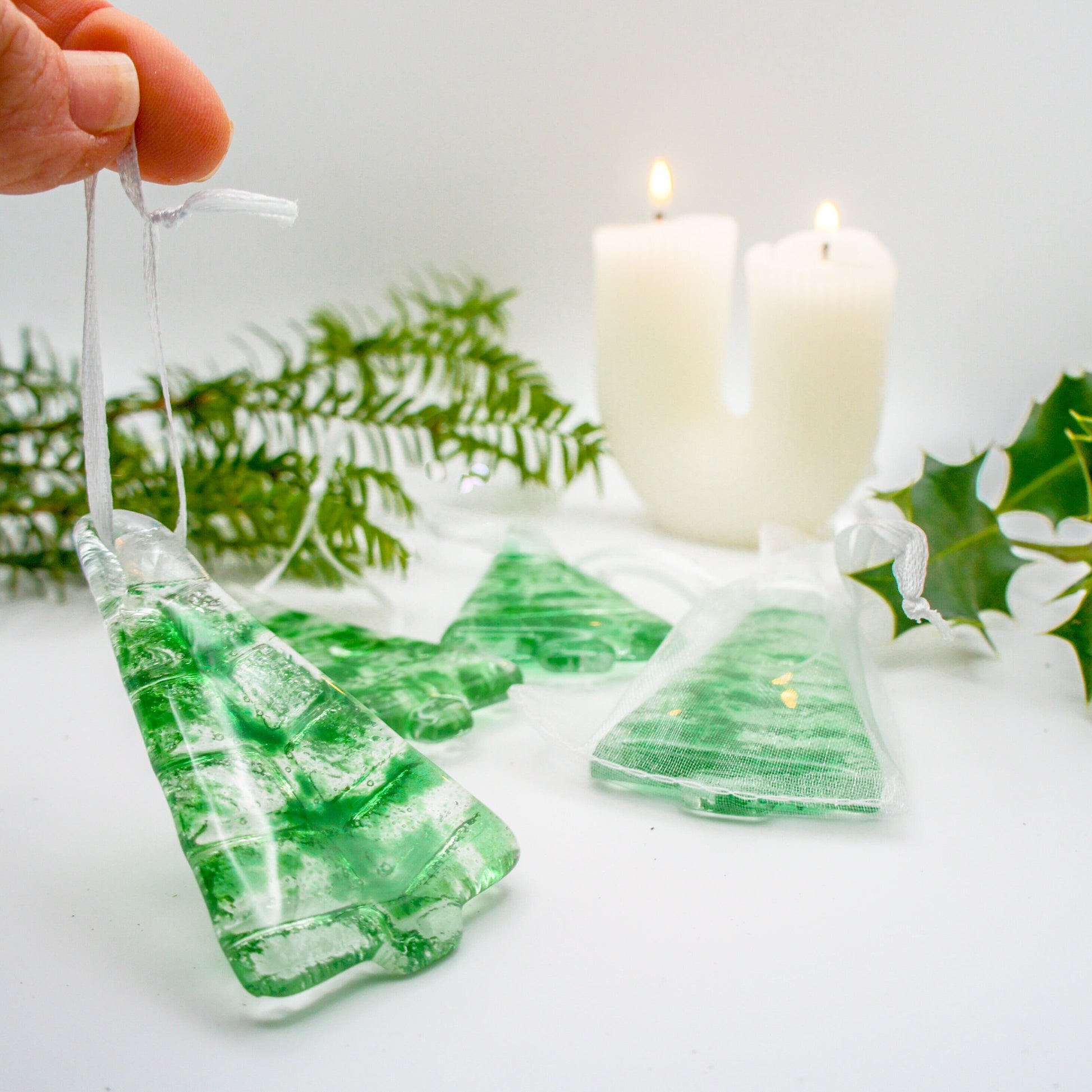 fused glass christmas decorations, glass christmas trees, glass christmas hanging decorations, glass christmas ornaments
