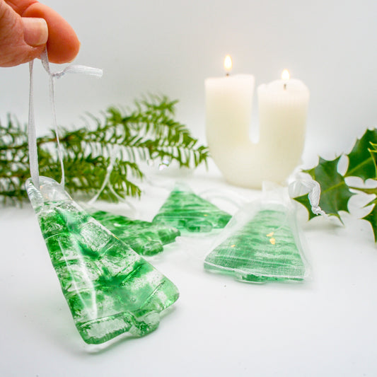 fused glass christmas decorations, glass christmas trees, glass christmas hanging decorations, glass christmas ornaments