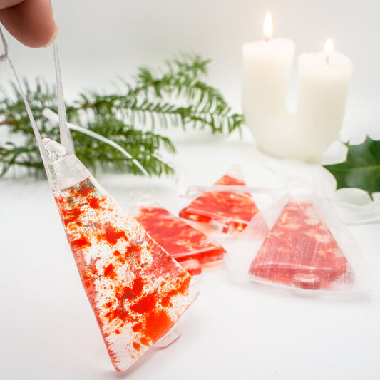 3 to 6 Mini red glass christmas tree decoration 8x4.5cm (3x1 1/2"), red hanging glass Christmas tree decoration with ribbon & organza bag