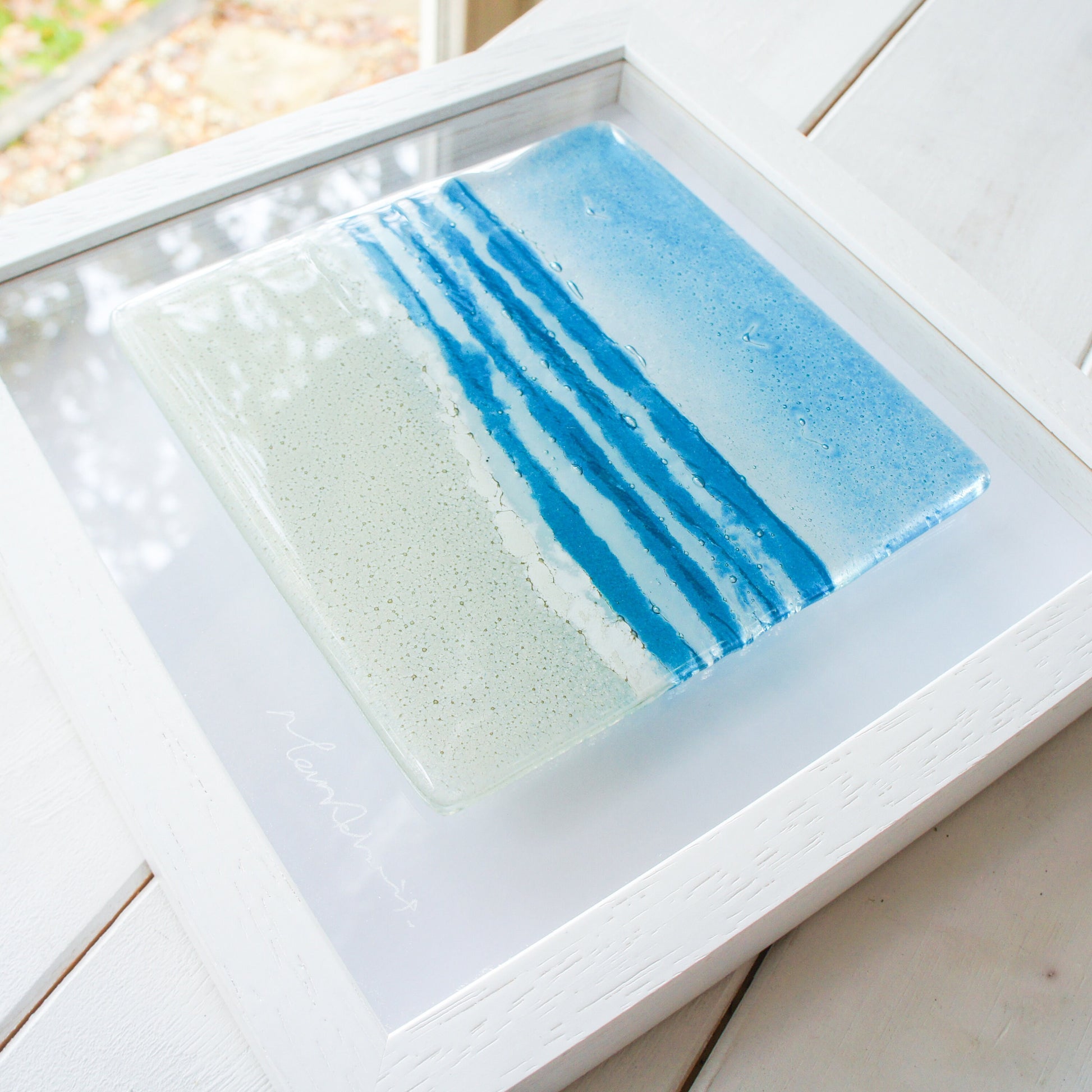 fused glass art, beach fused glass framed art, blue coastal wall art, ocean decor, sea glass art