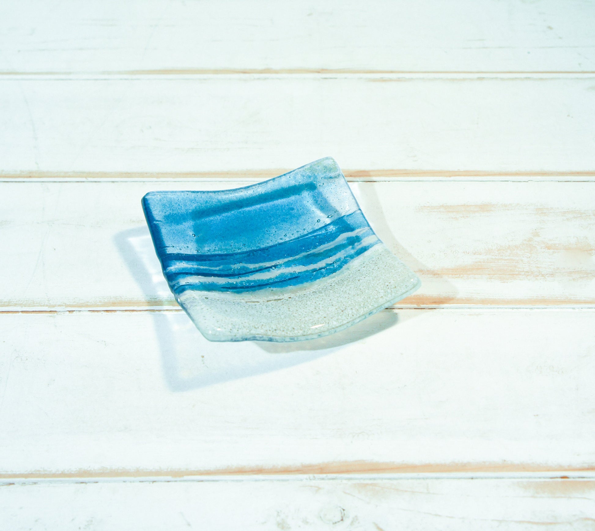 Sea Blue handmade Ring Dish 10cm, fused glass trinket, coastal ring dish, fossil handmade dish, blue dish, candle holder, blue dish, coastal dish