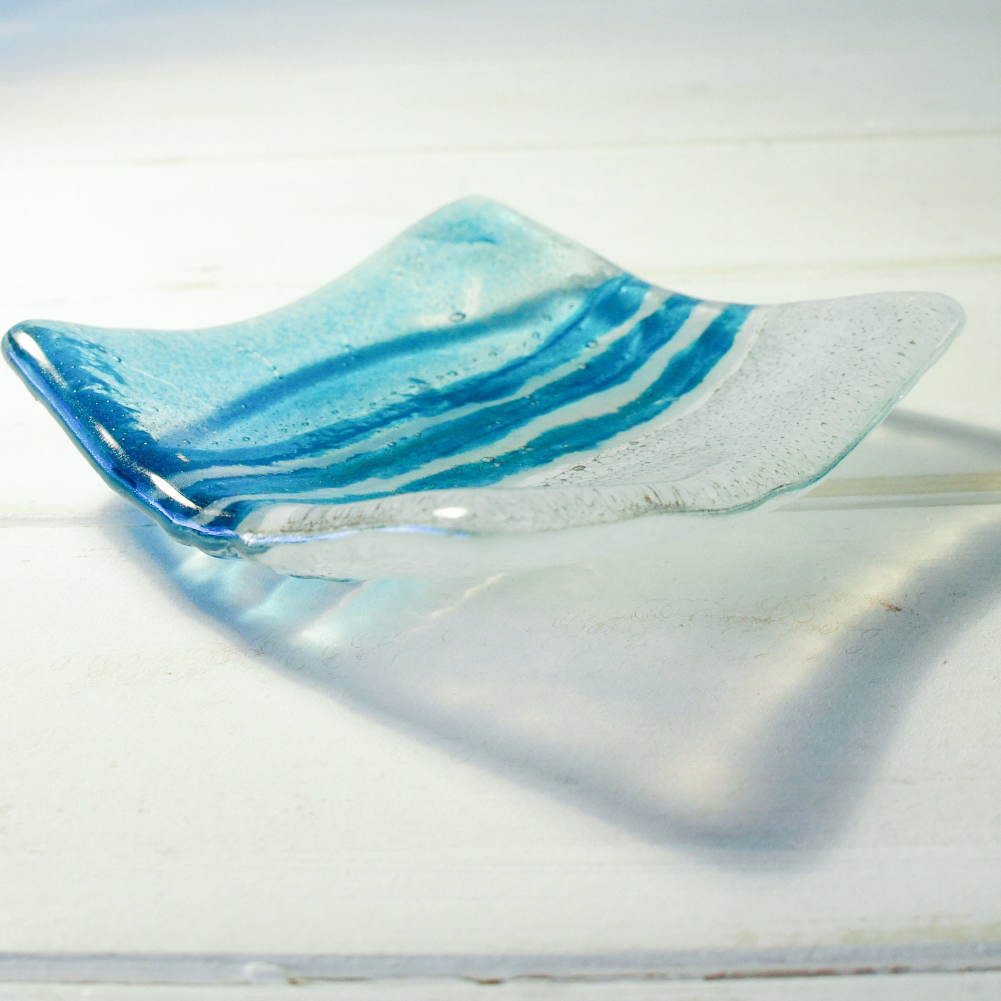 Sea Blue handmade Ring Dish 10cm, fused glass trinket, coastal ring dish, fossil handmade dish, blue dish, candle holder, blue dish, coastal dish