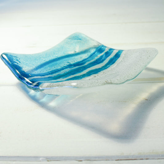 Sea Blue handmade Ring Dish 10cm, fused glass trinket, coastal ring dish, fossil handmade dish, blue dish, candle holder, blue dish, coastal dish