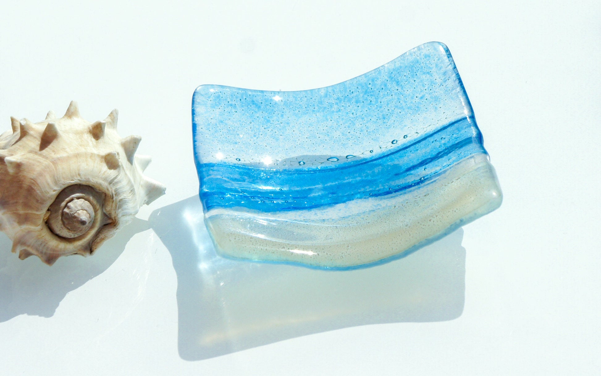 Sea Blue handmade Ring Dish 10cm, fused glass trinket, coastal ring dish, fossil handmade dish, blue dish, candle holder, blue dish, coastal dish