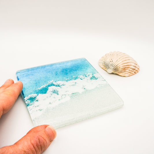 1 Paradise Fused Glass Coaster, 1 Coaster 10cmx10cm(4"), beach sea glass coaster, handmade single coaster, gifts, house warming gift