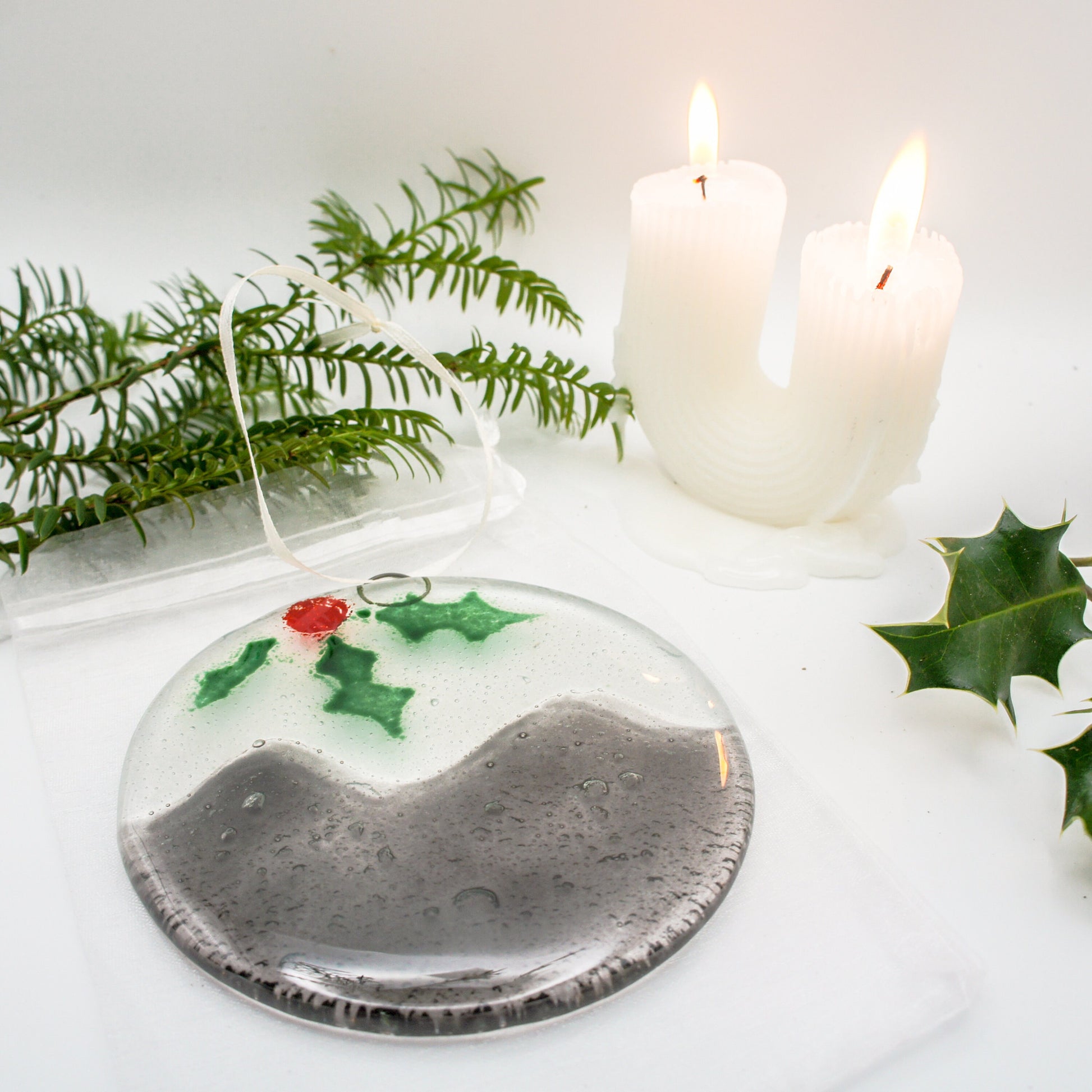 Christmas Pudding fused glass hanging decoration