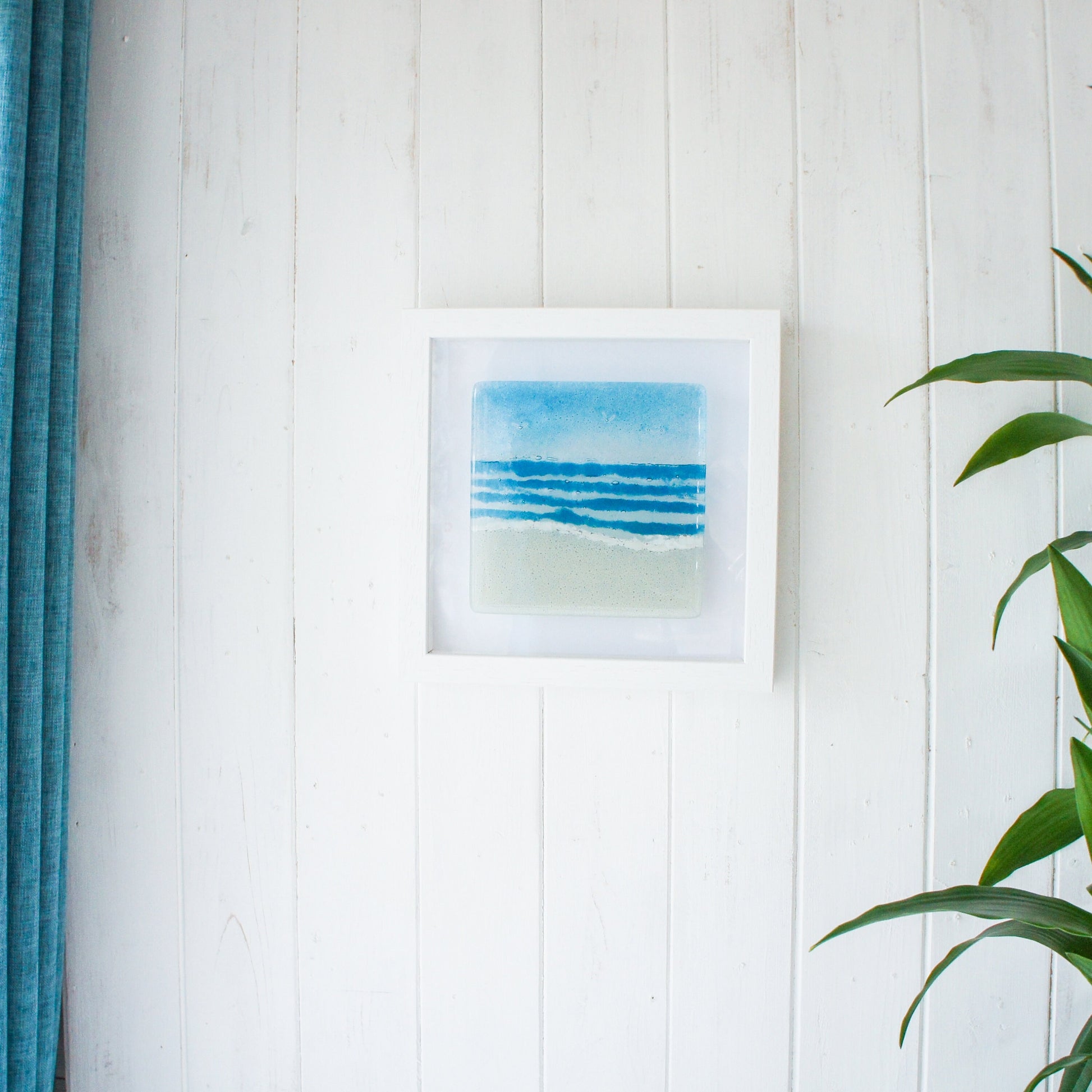 fused glass art, beach fused glass framed art, blue coastal wall art, ocean decor, sea glass art