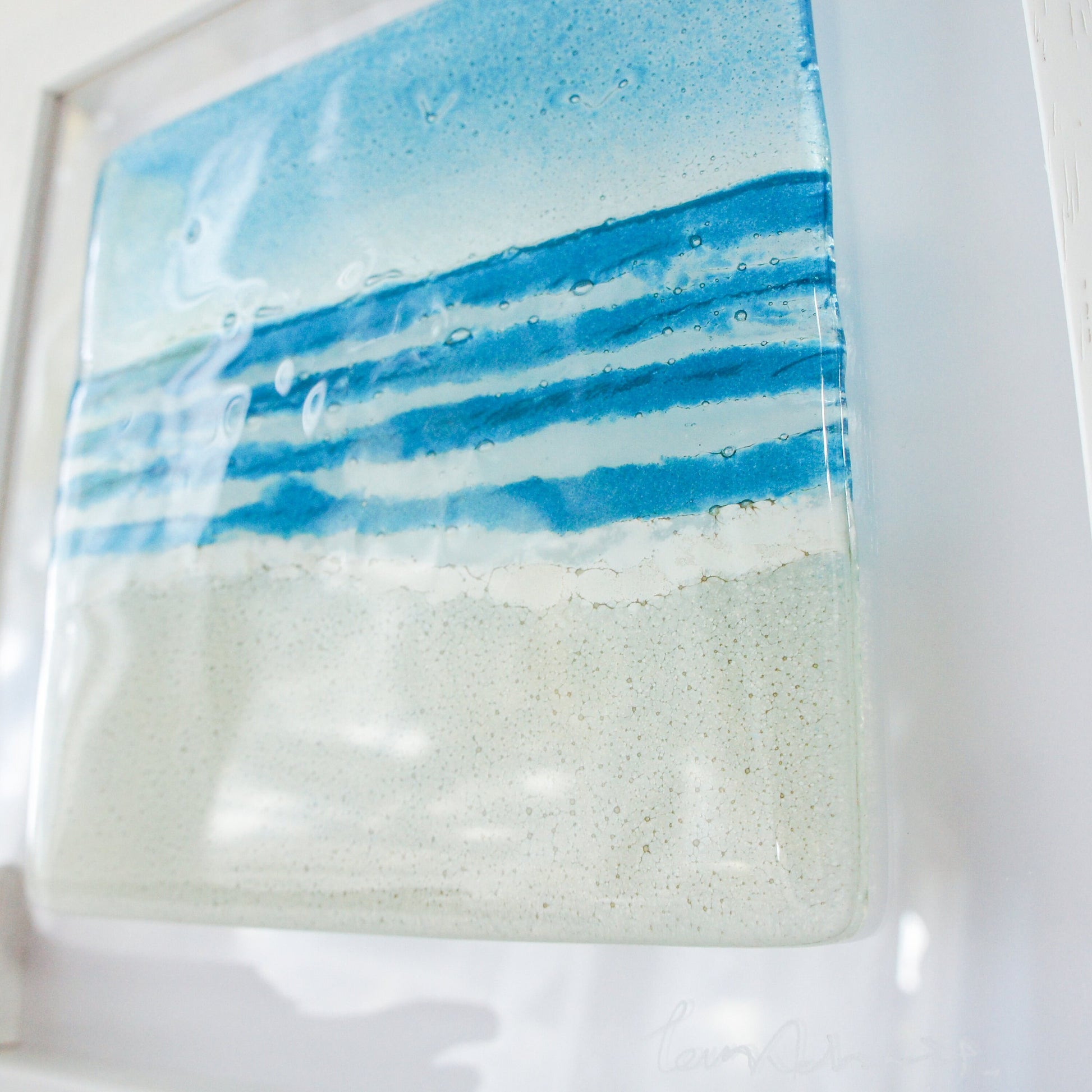 fused glass art, beach fused glass framed art, blue coastal wall art, ocean decor, sea glass art
