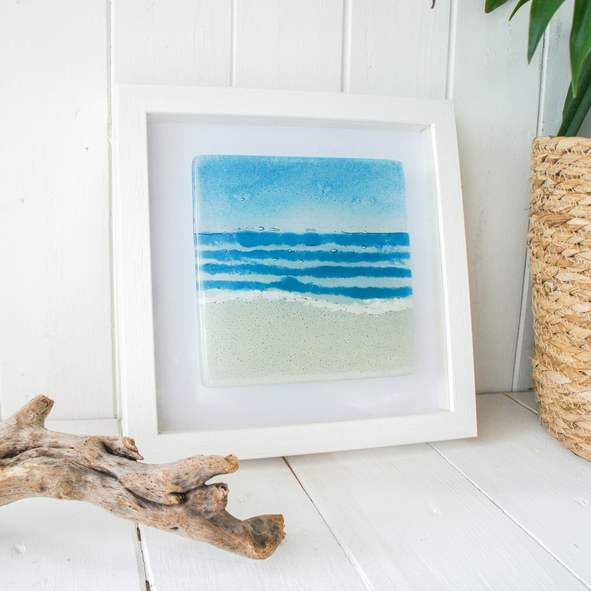 fused glass art, beach fused glass framed art, blue coastal wall art, ocean decor, sea glass art