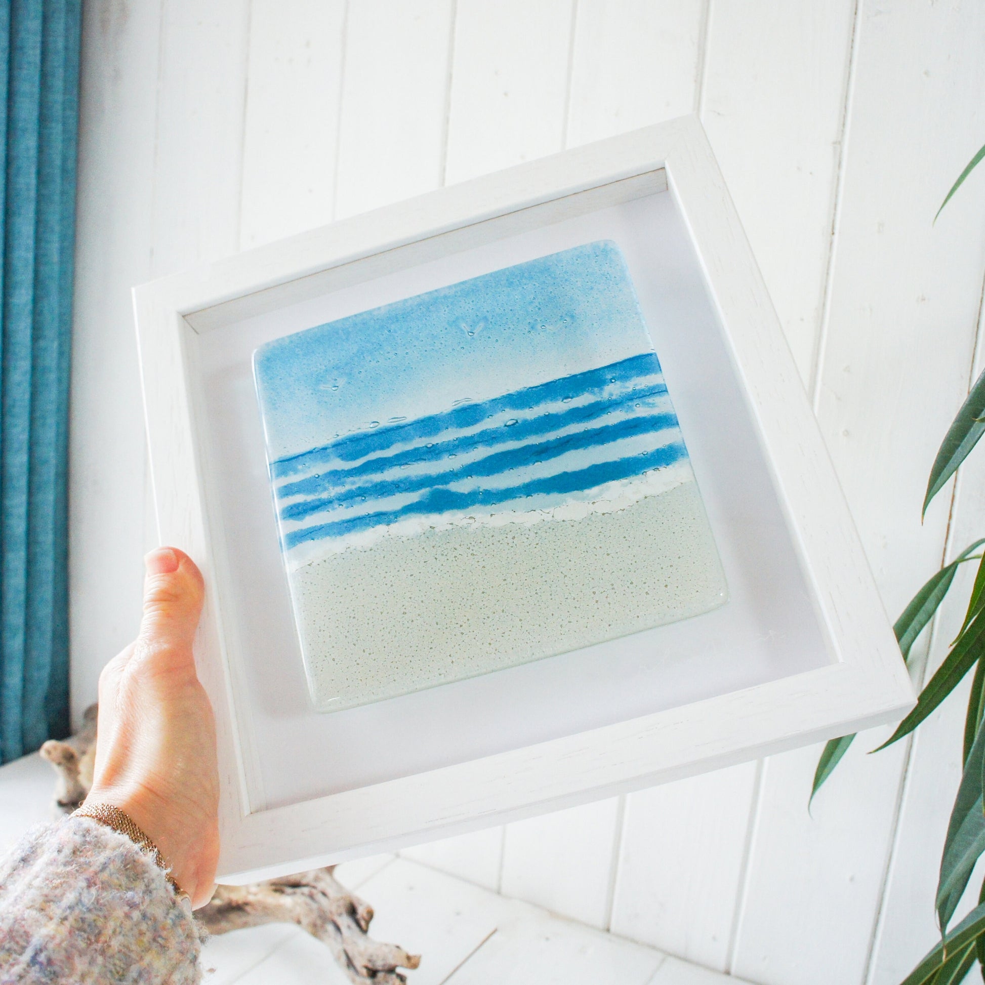 fused glass art, beach fused glass framed art, blue coastal wall art, ocean decor, sea glass art