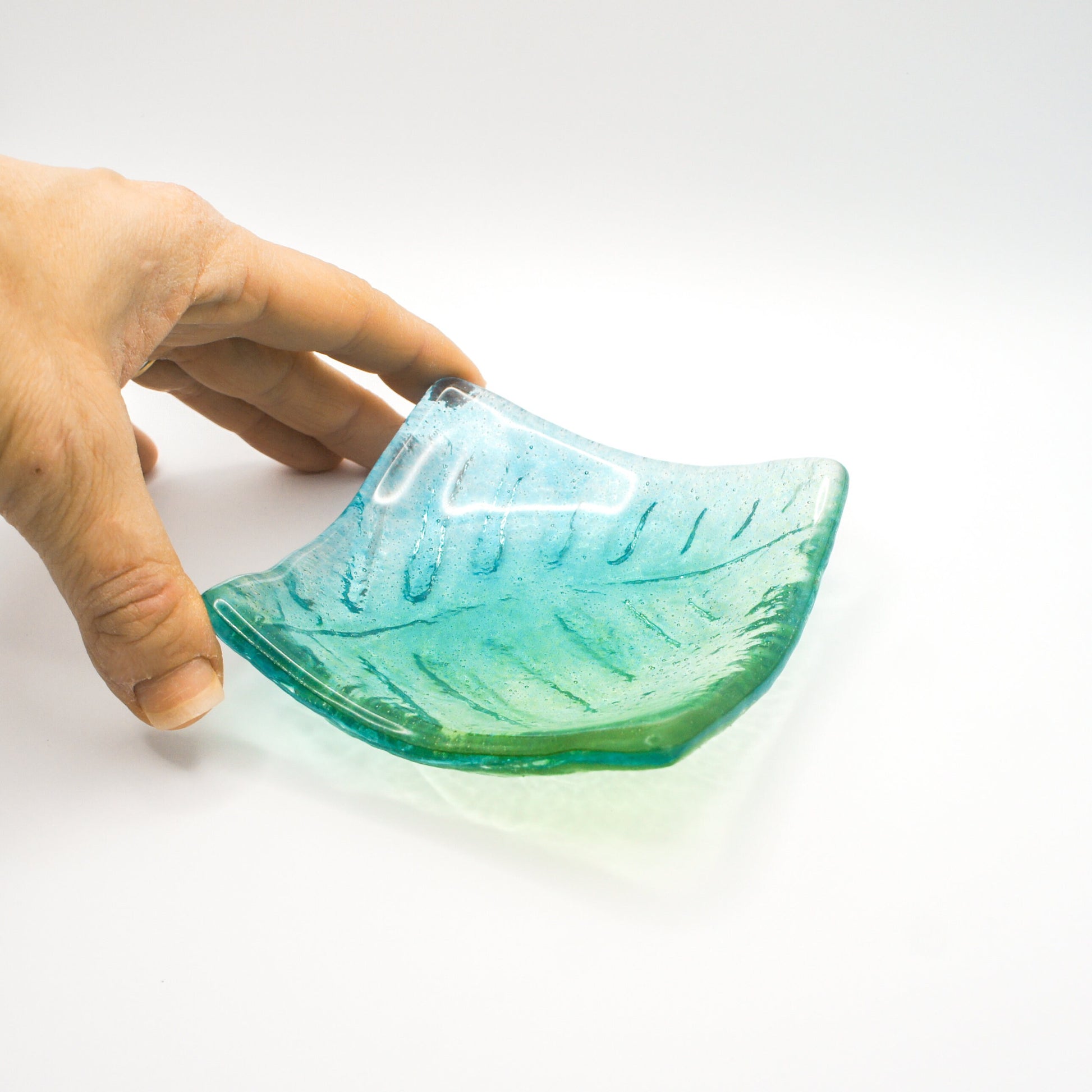 ring dish, candle holder, green trinket, glass teal dish, handmade fused glass leaf dish