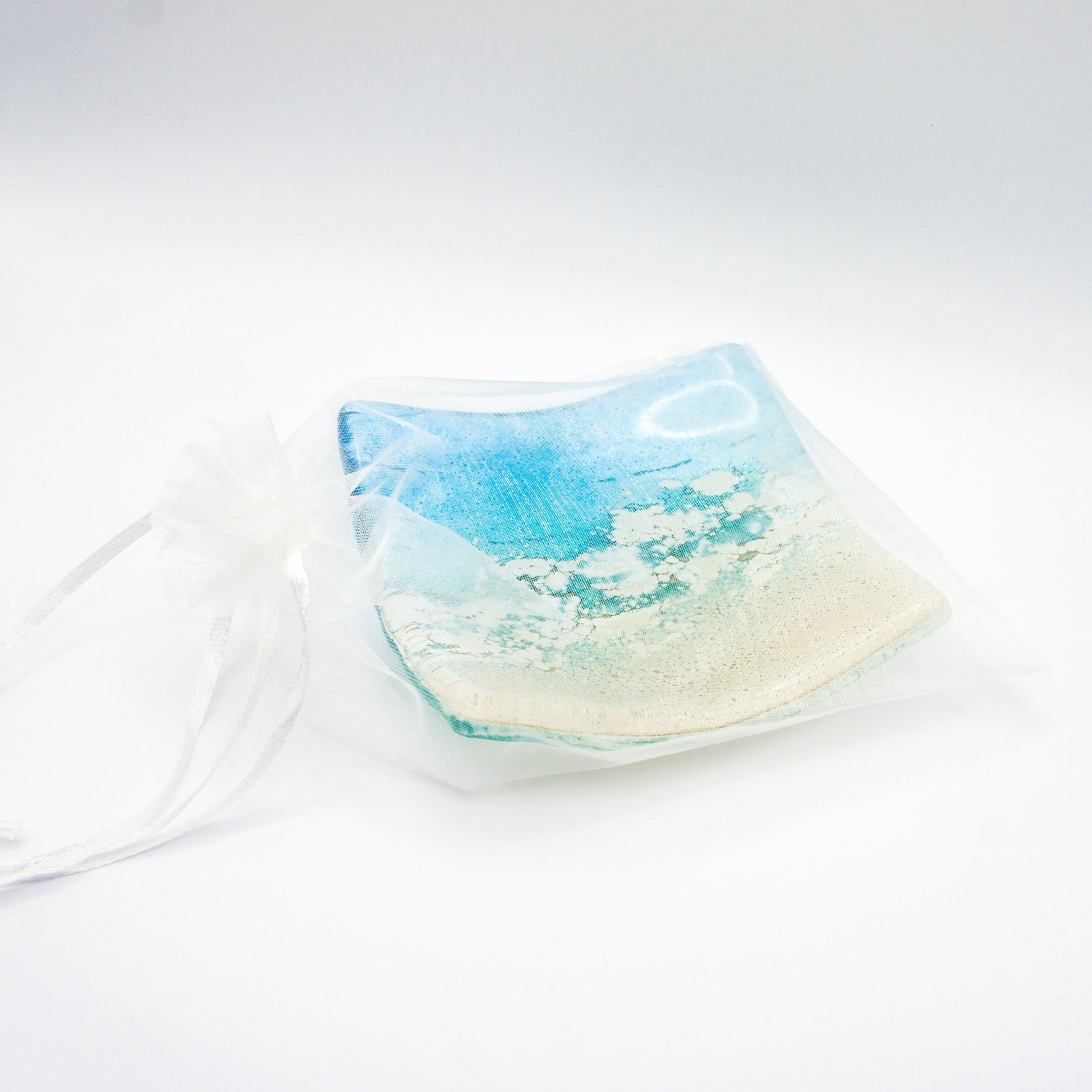 Sea Turquoise Blue handmade Ring Dish 10cm, fused glass trinket, coastal ring dish, fossil handmade dish, teal dish, seabed dish, ring holder, turquoise dish, coastal dish