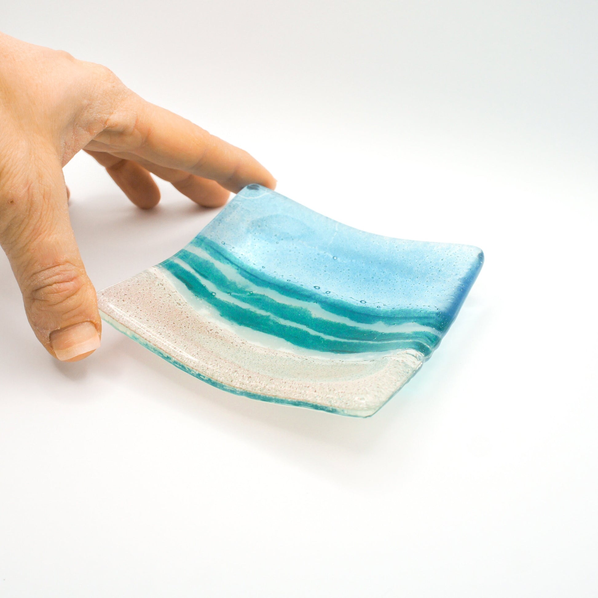 Sea Turquoise Blue handmade Ring Dish 10cm, fused glass trinket, coastal ring dish, fossil handmade dish, teal dish, seabed dish, ring holder, turquoise dish, coastal dish