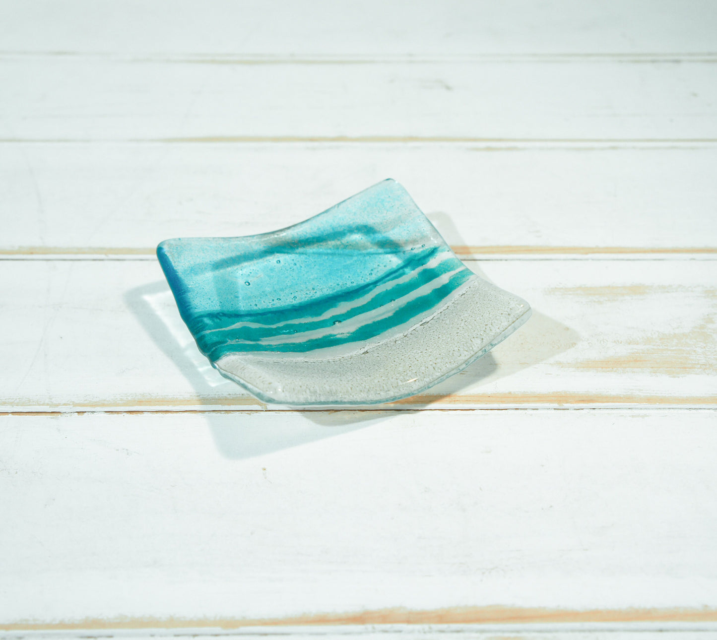 Sea Turquoise Blue handmade Ring Dish 10cm, fused glass trinket, coastal ring dish, fossil handmade dish, teal dish, seabed dish, ring holder, turquoise dish, coastal dish