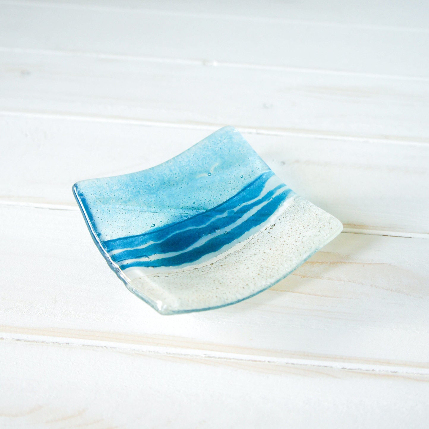 Sea Blue handmade Ring Dish 10cm, fused glass trinket, coastal ring dish, fossil handmade dish, blue dish, candle holder, blue dish, coastal dish