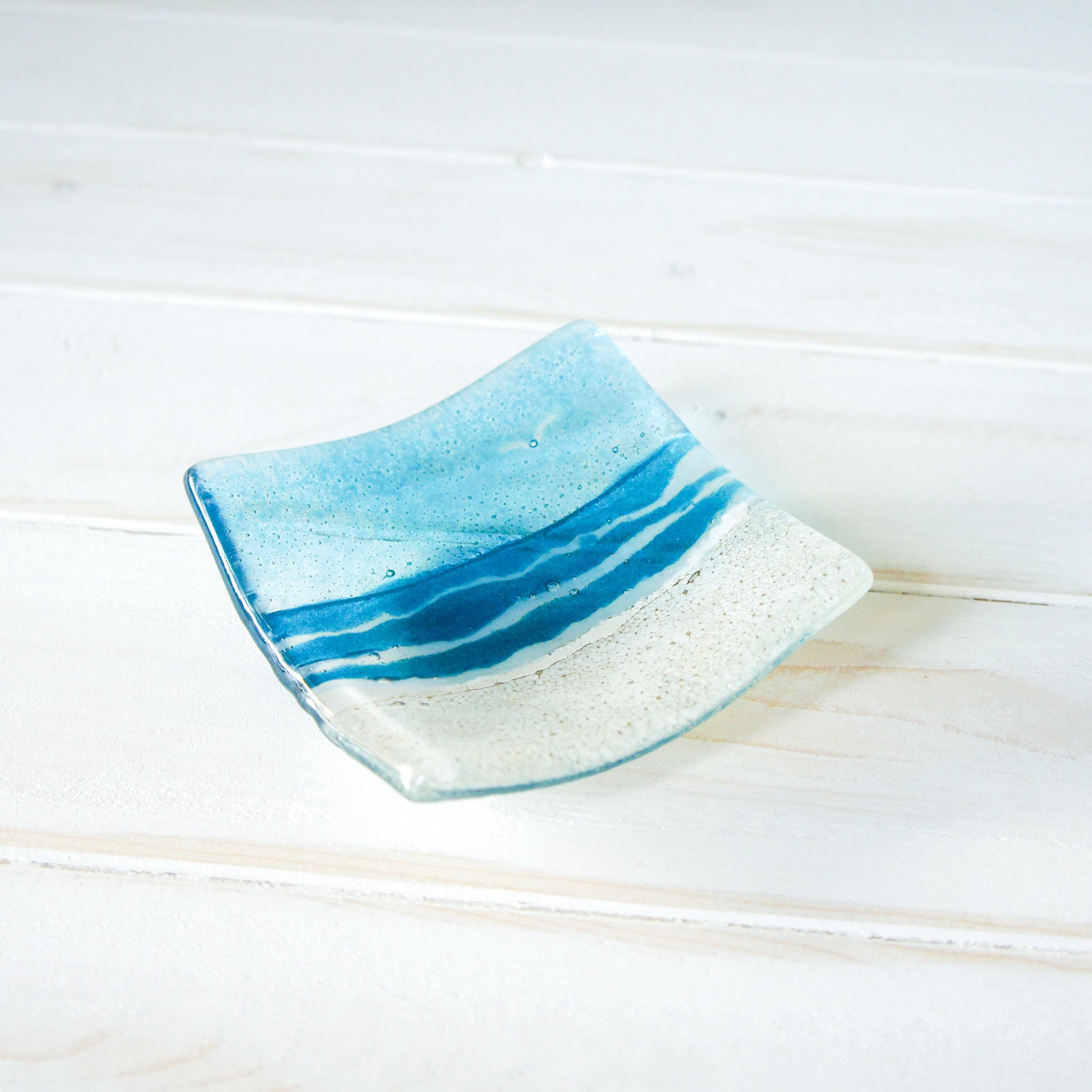 Sea Blue handmade Ring Dish 10cm, fused glass trinket, coastal ring dish, fossil handmade dish, blue dish, candle holder, blue dish, coastal dish