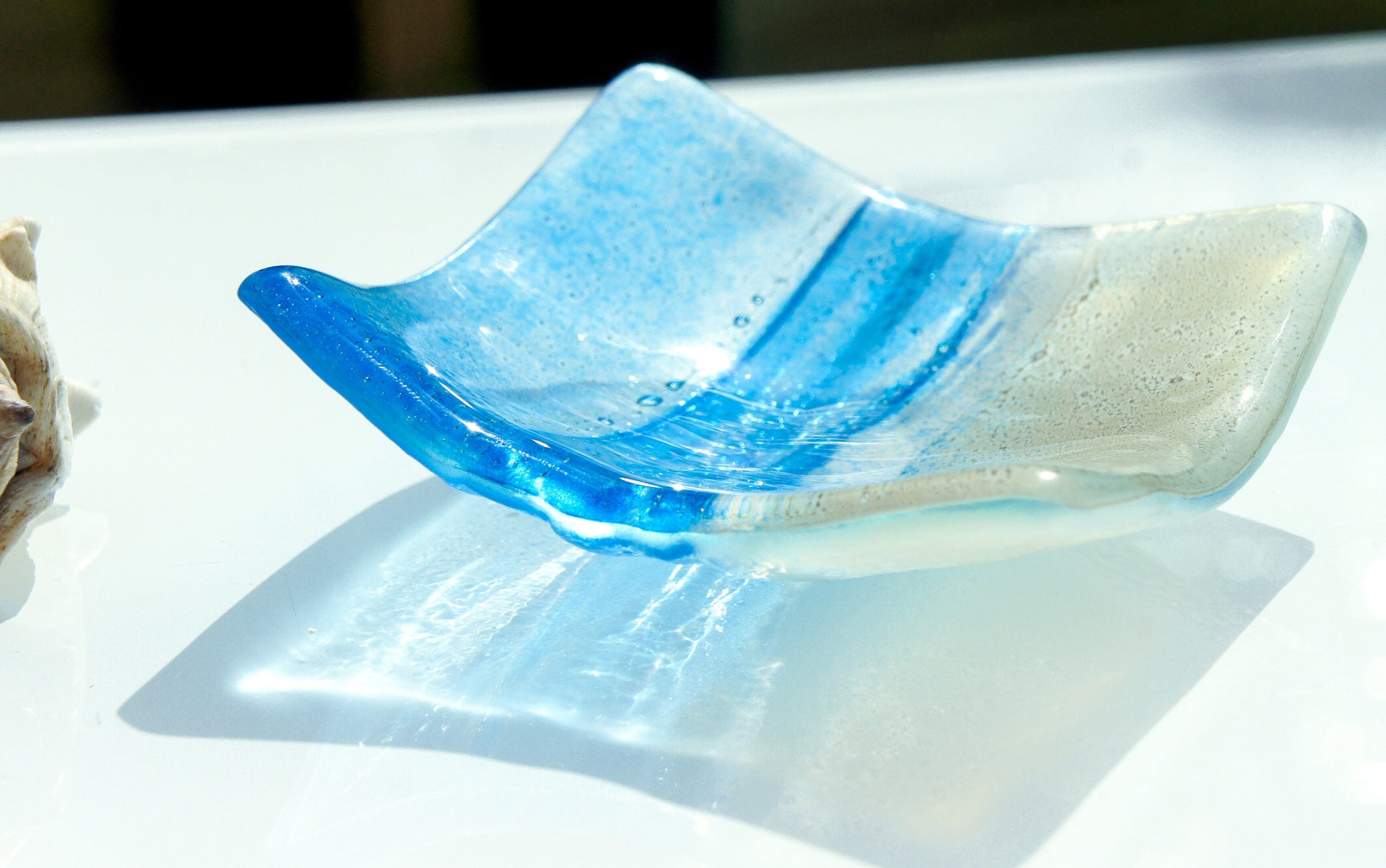 Sea Blue handmade Ring Dish 10cm, fused glass trinket, coastal ring dish, fossil handmade dish, blue dish, candle holder, blue dish, coastal dish