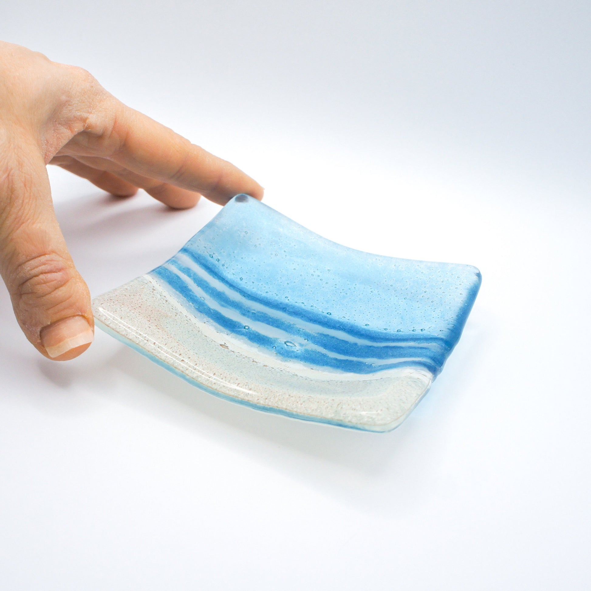 Sea Blue handmade Ring Dish 10cm, fused glass trinket, coastal ring dish, fossil handmade dish, blue dish, candle holder, blue dish, coastal dish