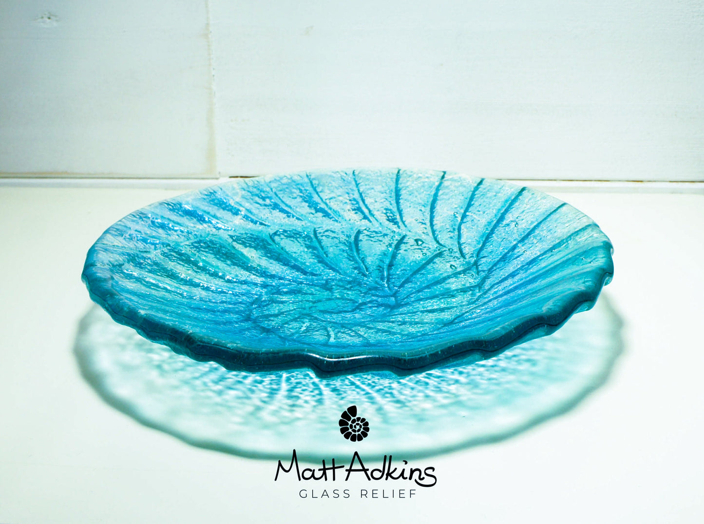 fused glass blue ammonite bowl, handmade fused glass key rest, decorative bowl