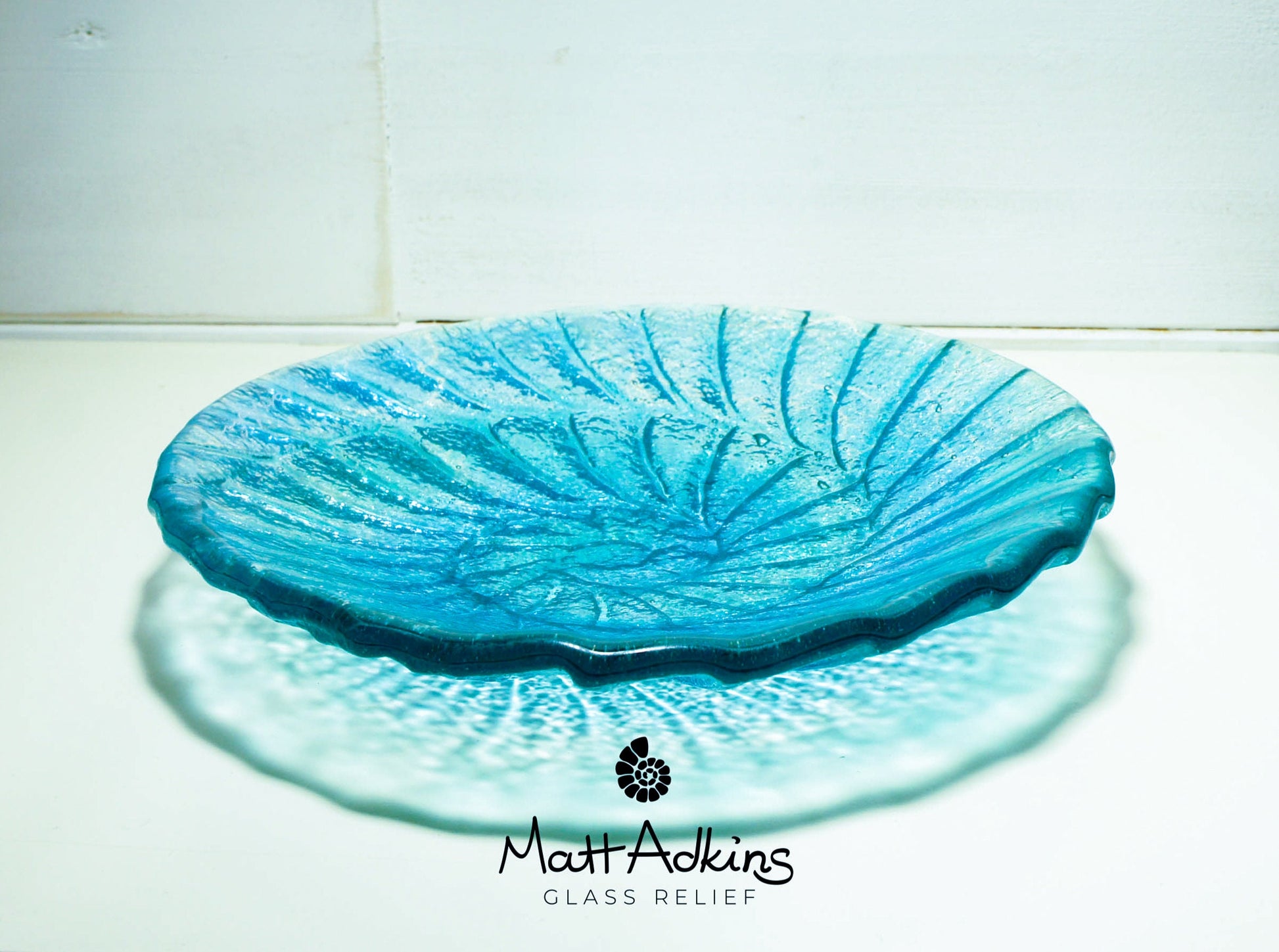 fused glass blue ammonite bowl, handmade fused glass key rest, decorative bowl