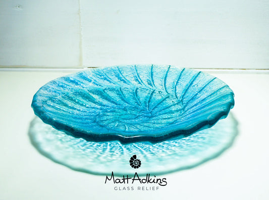fused glass blue ammonite bowl, handmade fused glass key rest, decorative bowl