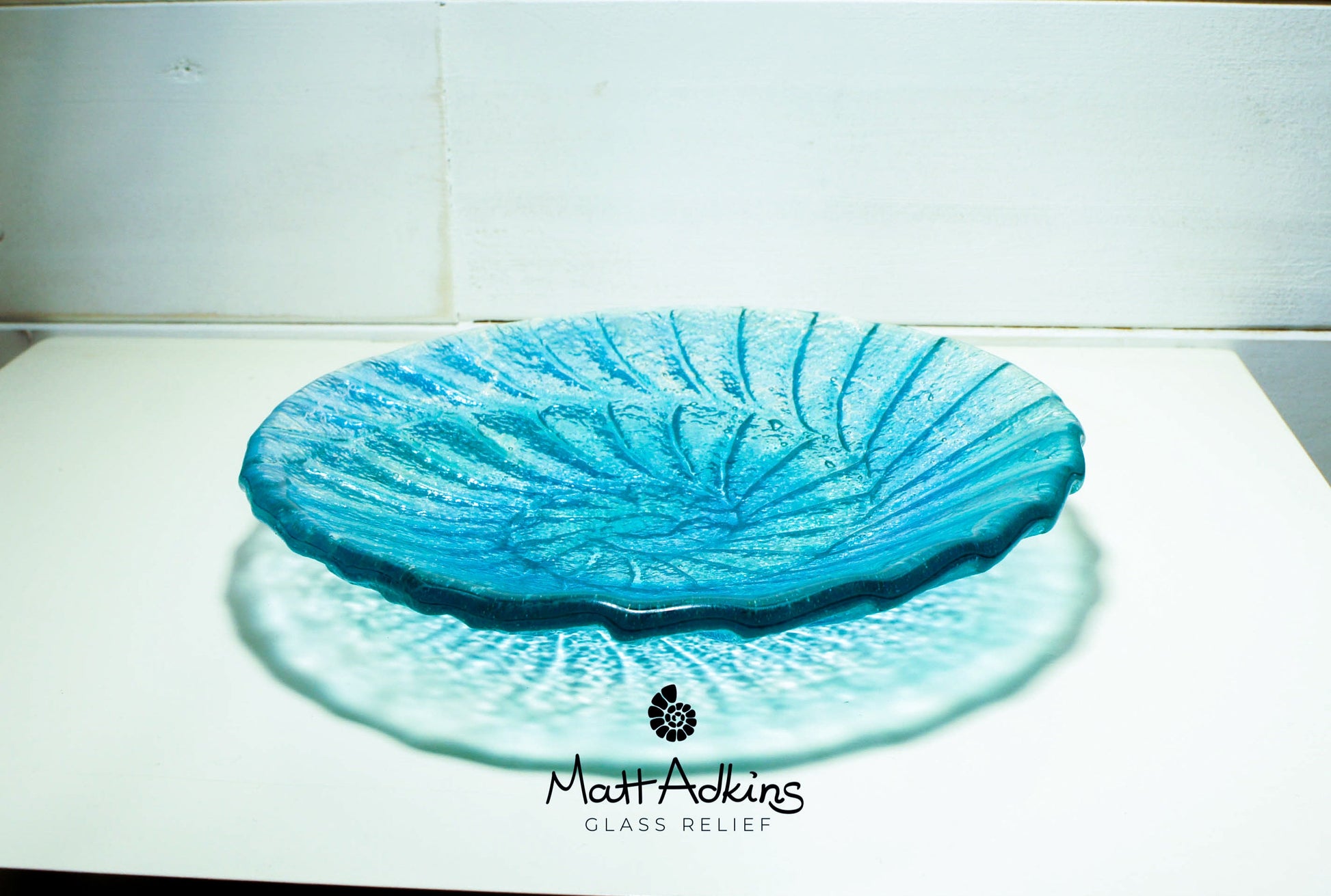 fused glass blue ammonite bowl, handmade fused glass key rest, decorative bowl