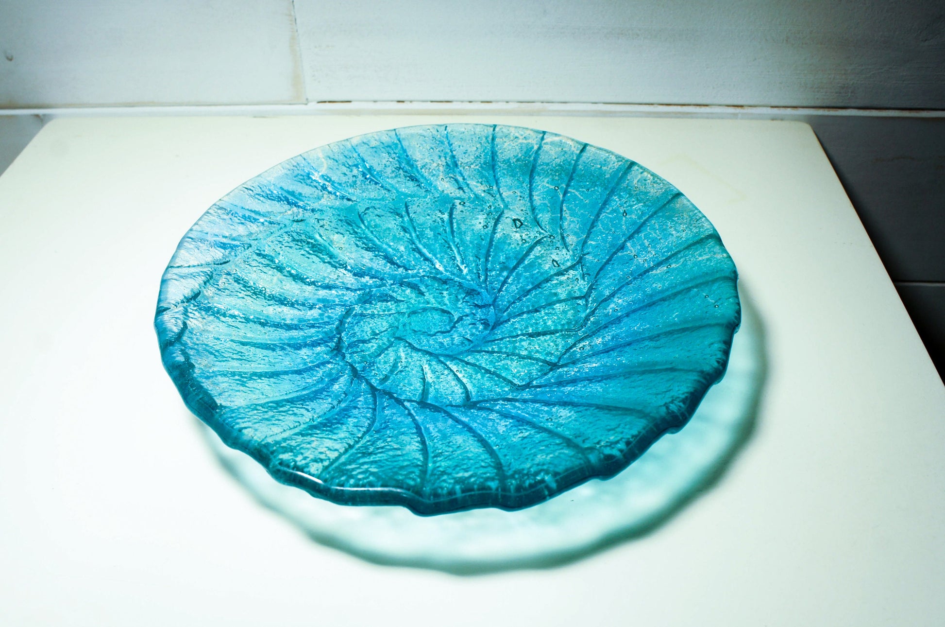 fused glass blue ammonite bowl, handmade fused glass key rest, decorative bowl