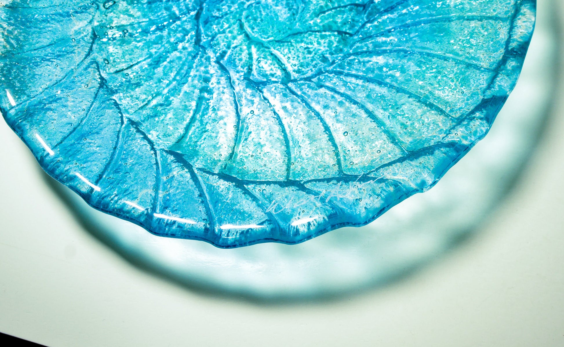 fused glass blue ammonite bowl, handmade fused glass key rest, decorative bowl