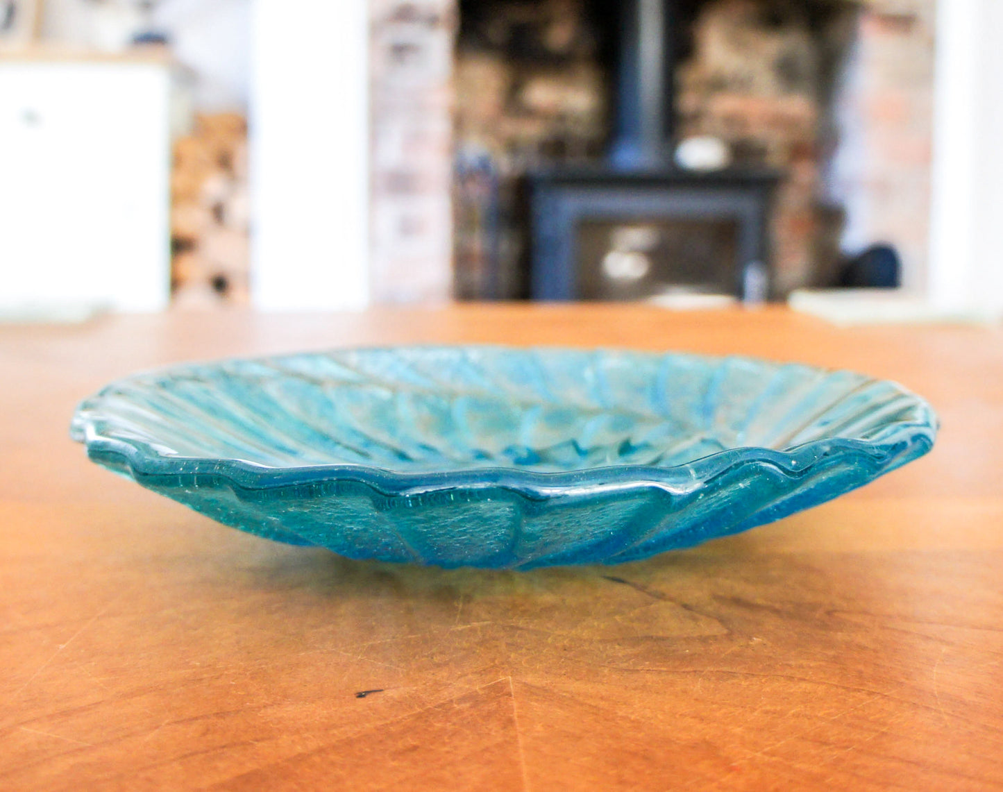 fused glass blue ammonite bowl, handmade fused glass key rest, decorative bowl