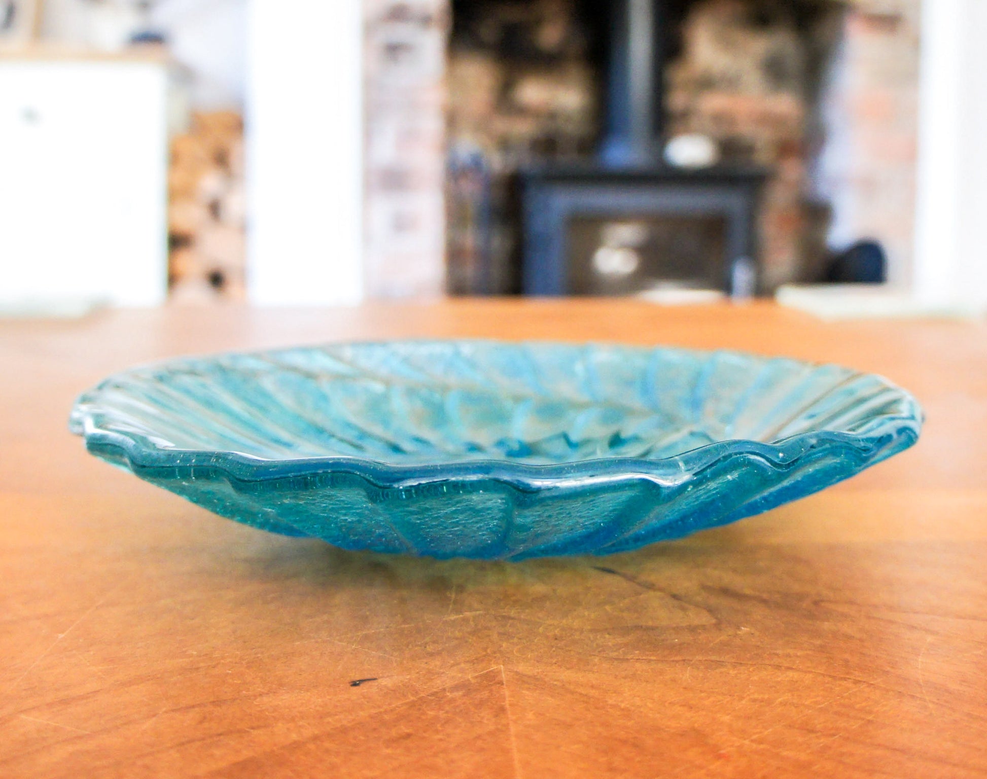 fused glass blue ammonite bowl, handmade fused glass key rest, decorative bowl