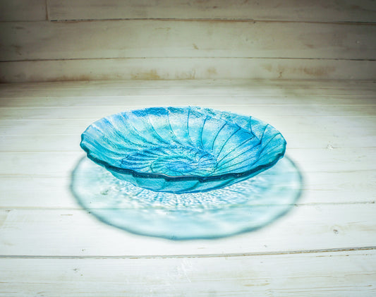 glass bowl, fruit bowl, ammonite glass fruit bowl, fossil ornament, blue teal bowl decor