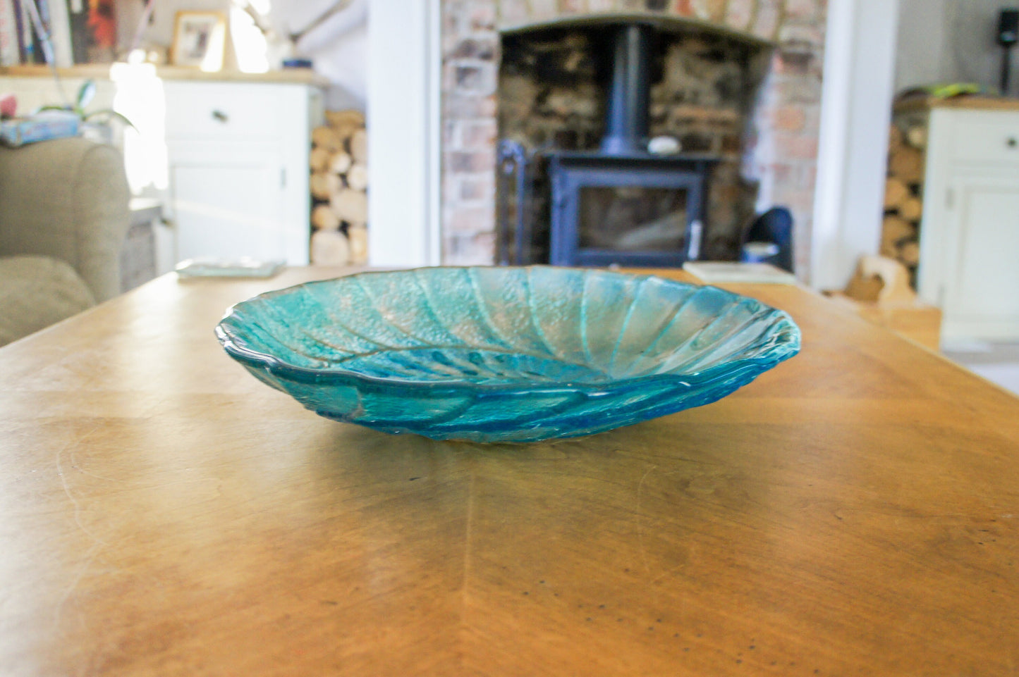 glass bowl, fruit bowl, ammonite glass fruit bowl, fossil ornament, blue teal bowl decor