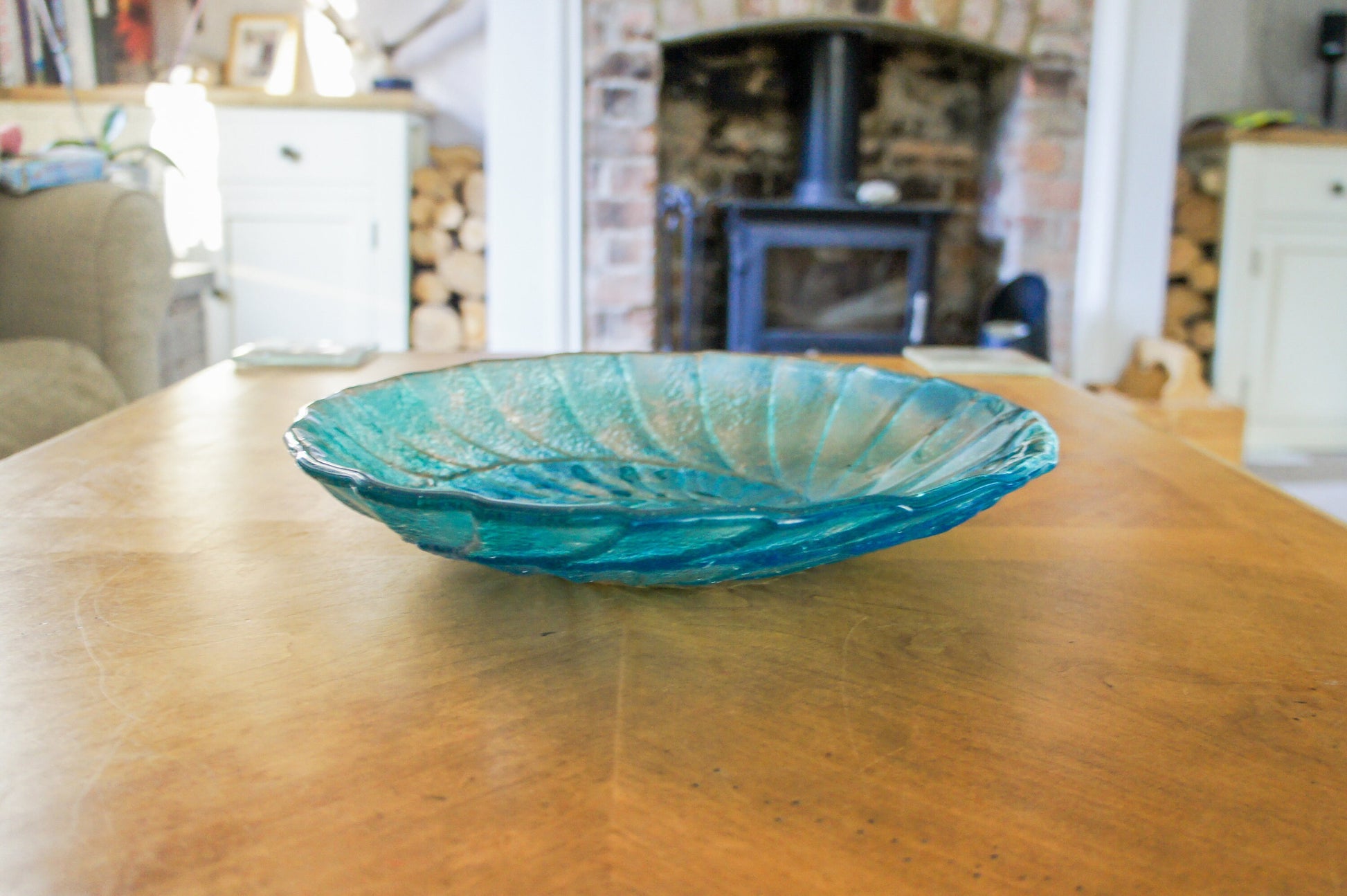glass bowl, fruit bowl, ammonite glass fruit bowl, fossil ornament, blue teal bowl decor
