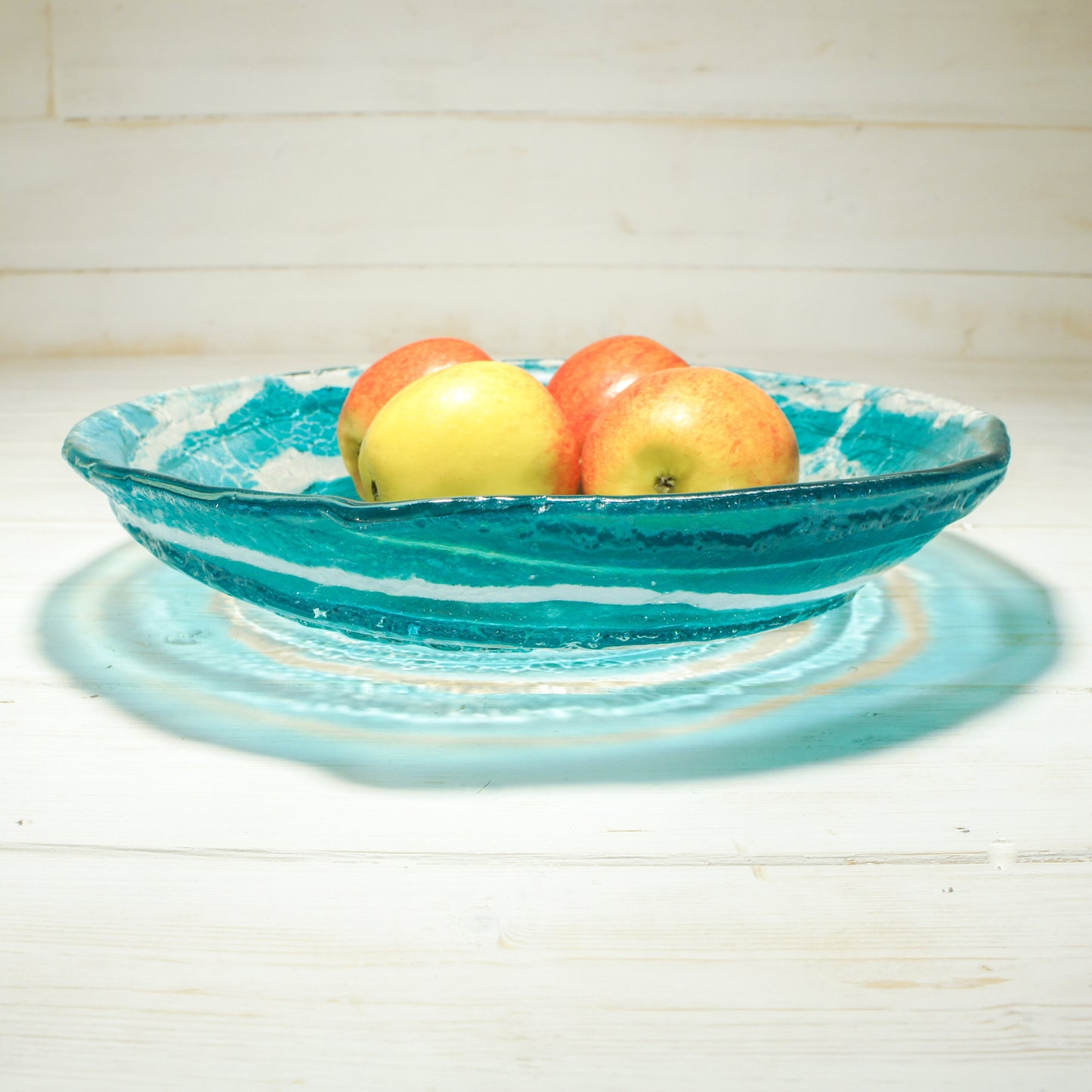 table centerpiece	handmade bowl	housewarming gift	couples gift	Turquoise Swirl	Fused Glass Bowl	Teal Swirl	Glass Fruit Bowl	engagement present	glass ornament	first home gift	beach house decor	coffee table decor
