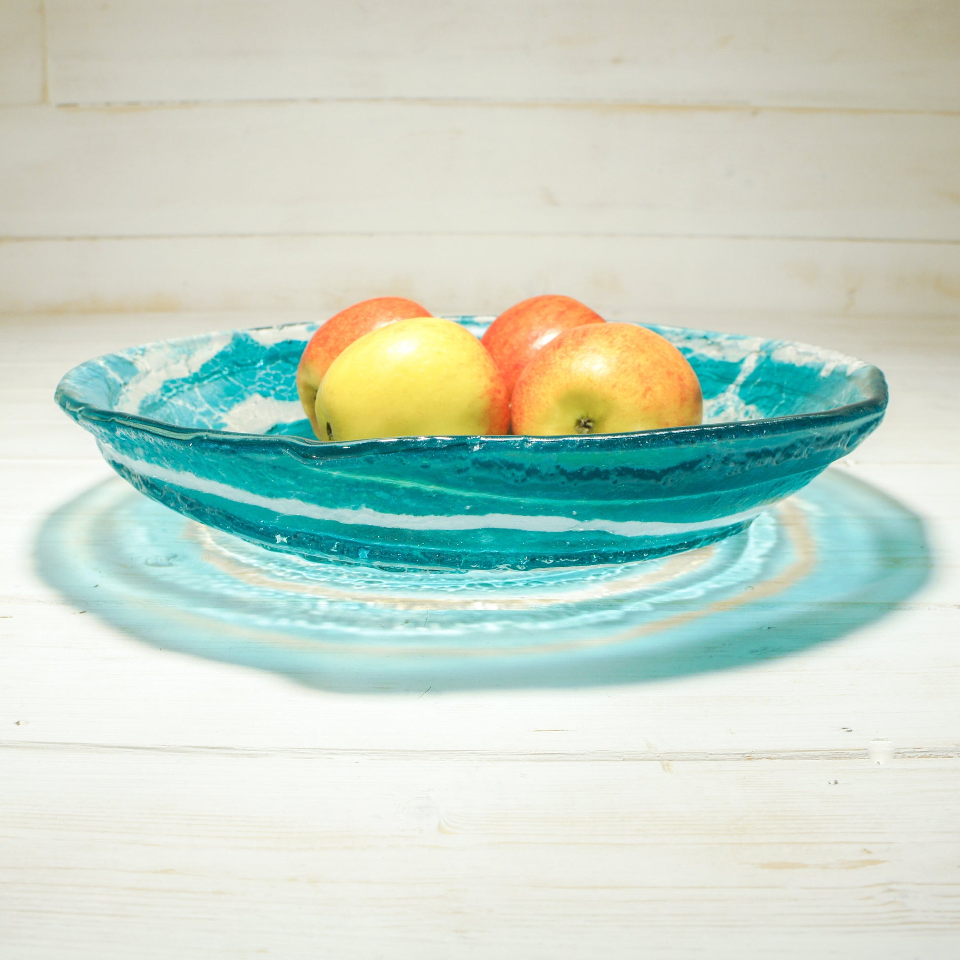 table centerpiece	handmade bowl	housewarming gift	couples gift	Turquoise Swirl	Fused Glass Bowl	Teal Swirl	Glass Fruit Bowl	engagement present	glass ornament	first home gift	beach house decor	coffee table decor